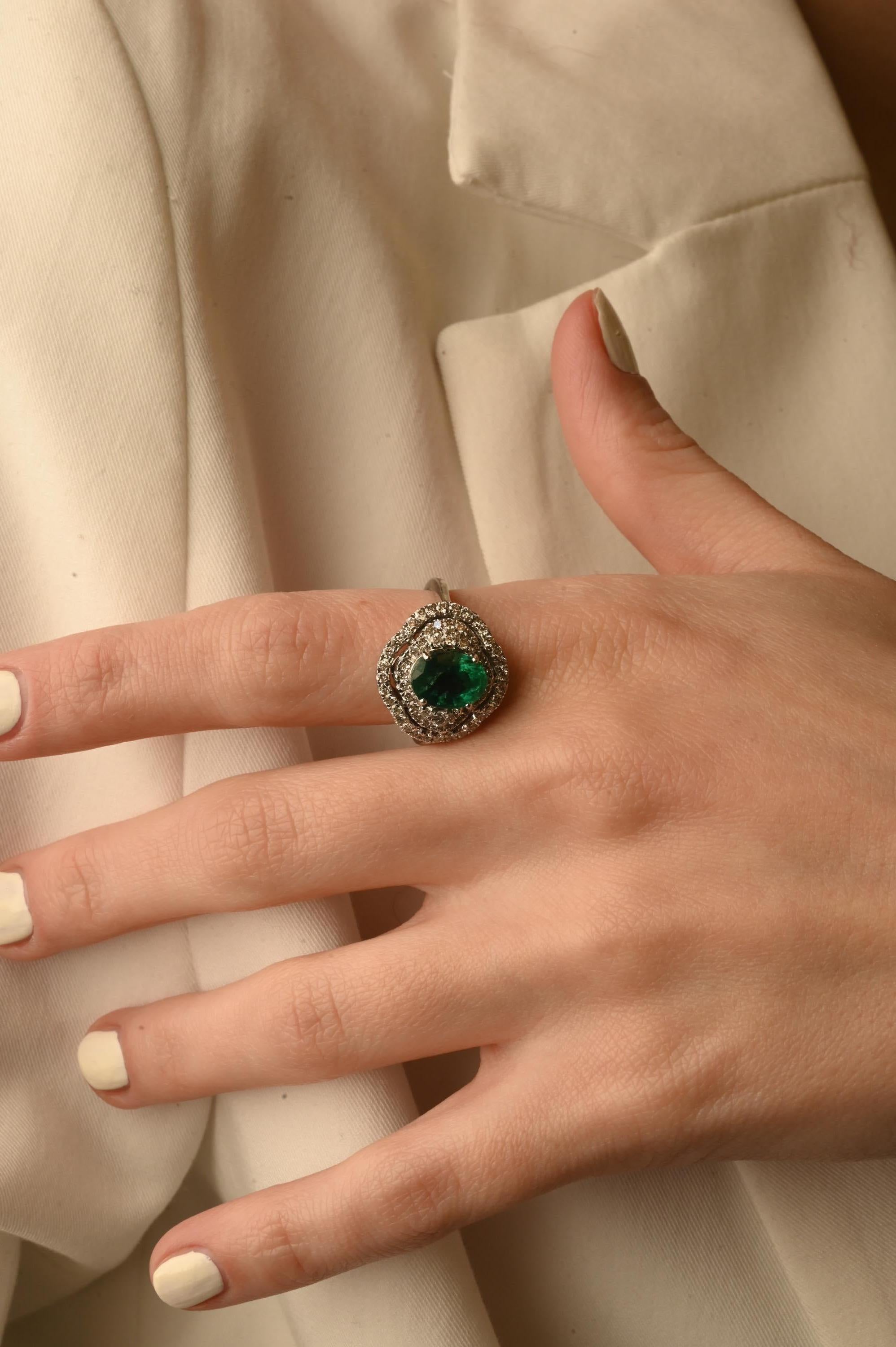 For Sale:  Art Deco Natural Emerald Regalia Ring with Diamonds 14k Solid White Gold 2