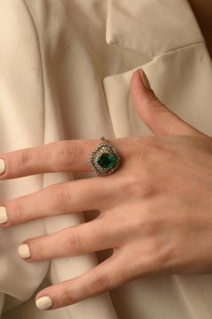 Art Deco Natural Emerald Regalia Ring with Diamonds 14k Solid White Gold