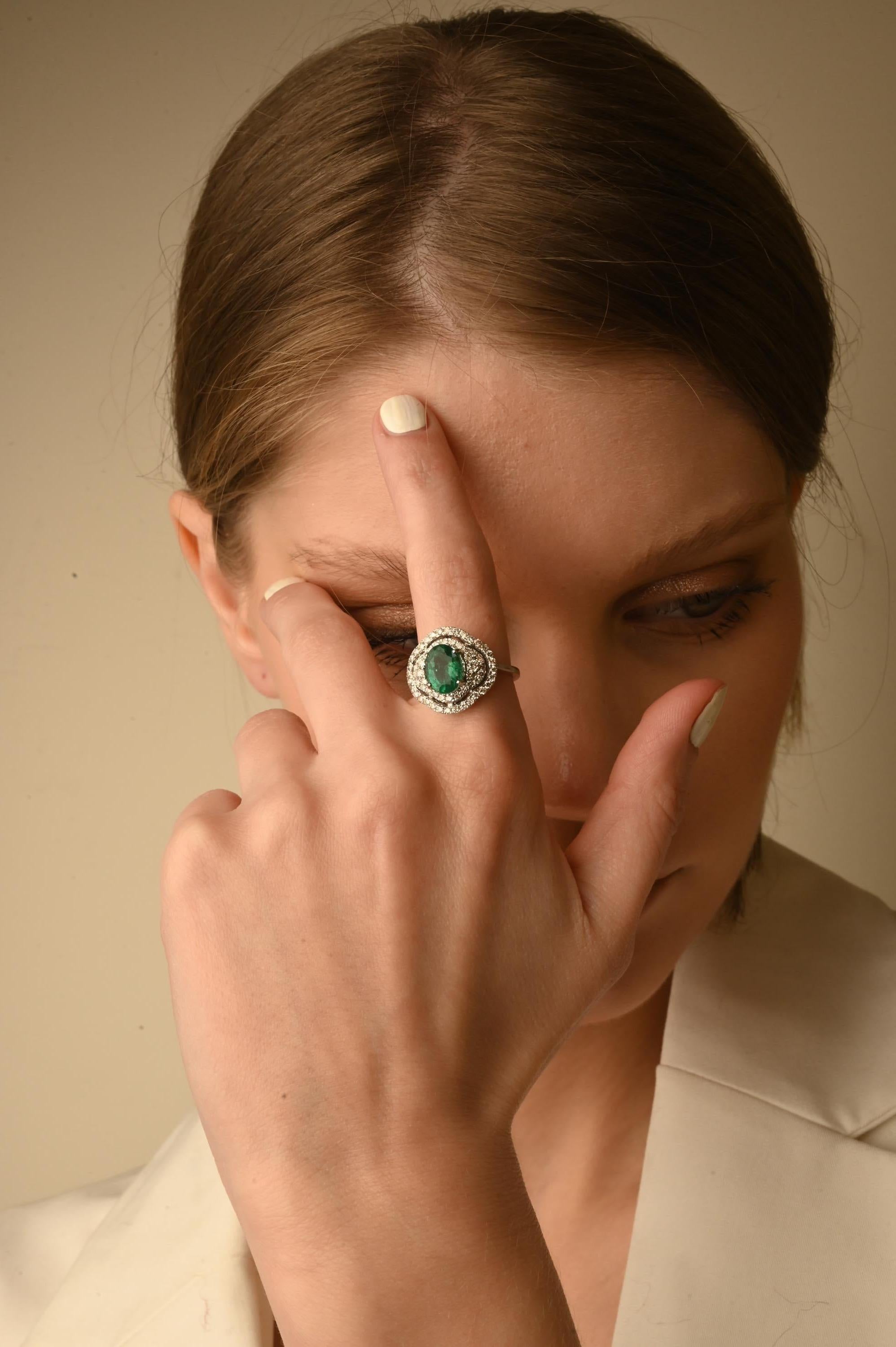 For Sale:  Art Deco Natural Emerald Regalia Ring with Diamonds 14k Solid White Gold 4