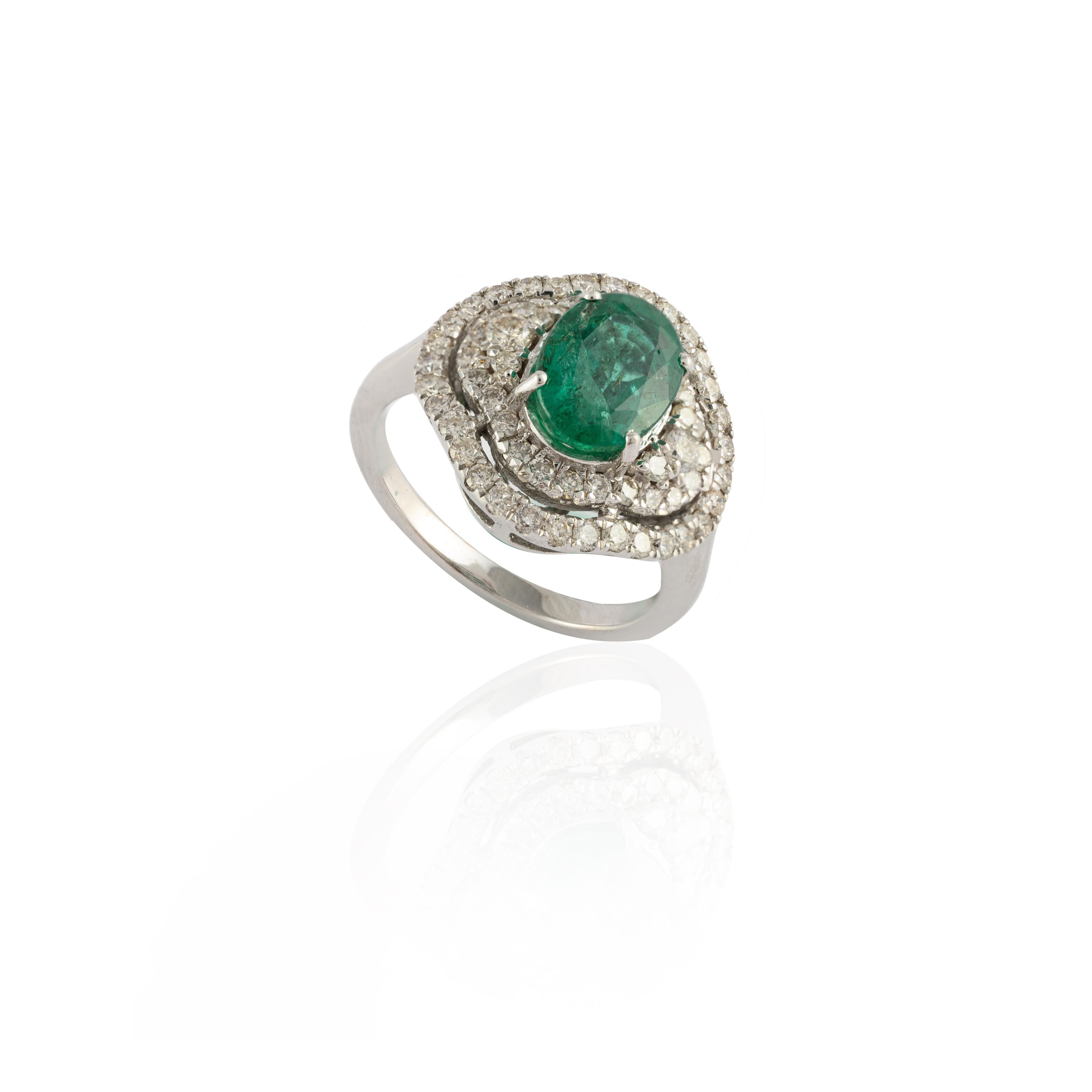 For Sale:  Art Deco Natural Emerald Regalia Ring with Diamonds 14k Solid White Gold 9