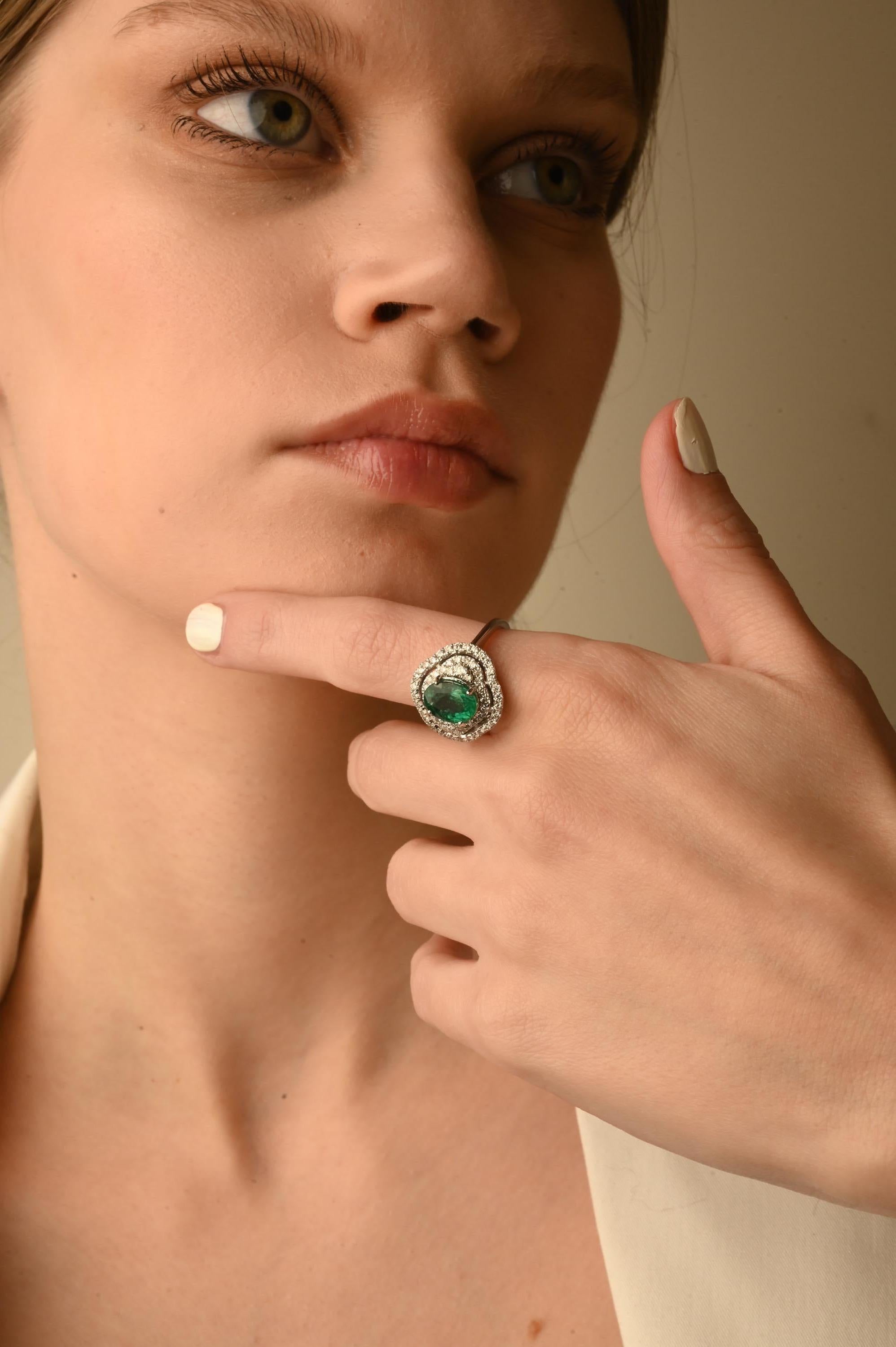 For Sale:  Art Deco Natural Emerald Regalia Ring with Diamonds 14k Solid White Gold 6