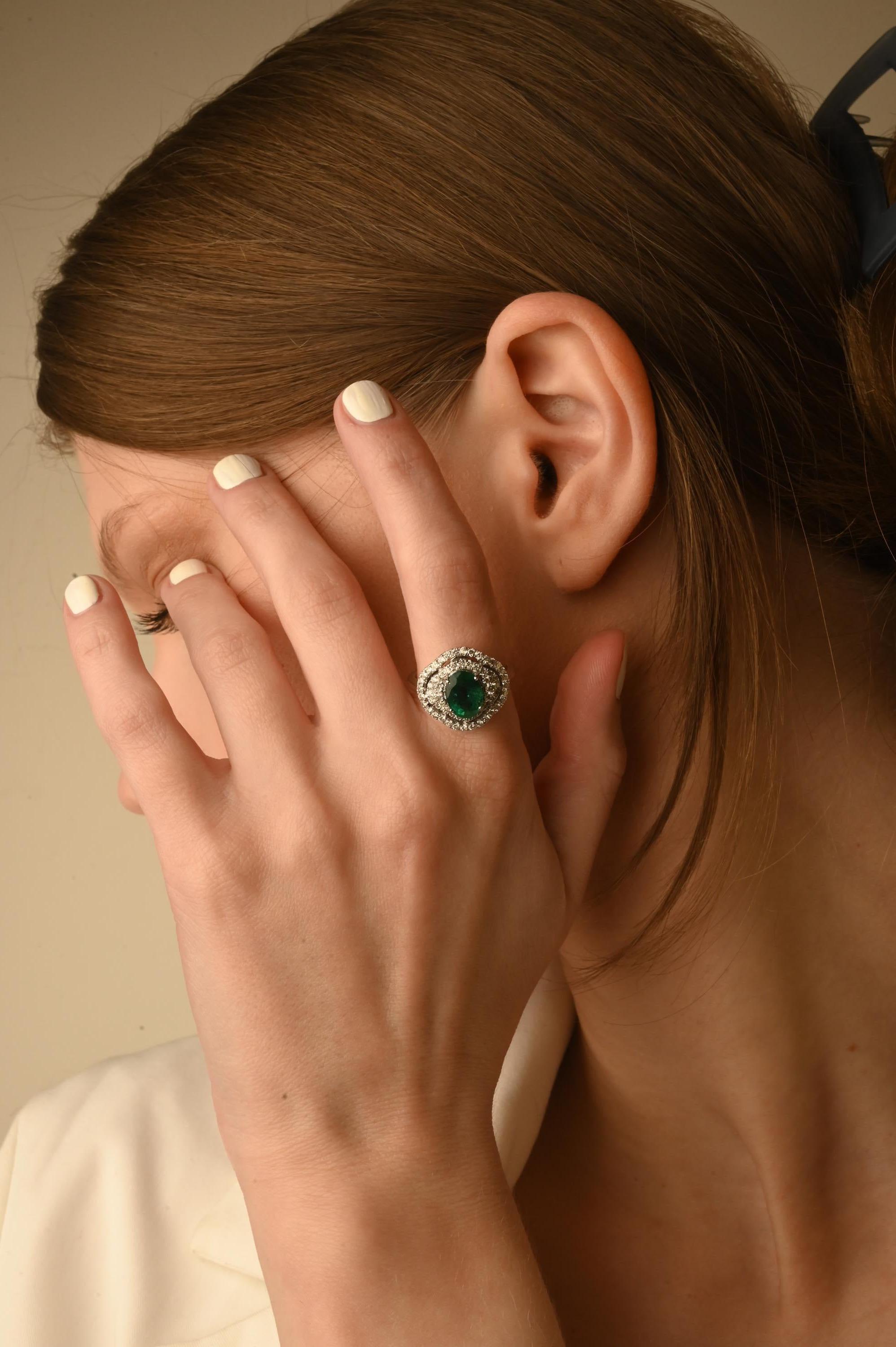For Sale:  Art Deco Natural Emerald Regalia Ring with Diamonds 14k Solid White Gold 8