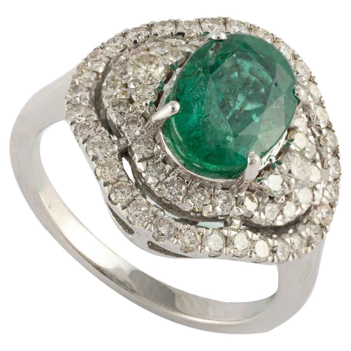 For Sale:  Art Deco Natural Emerald Regalia Ring with Diamonds 14k Solid White Gold