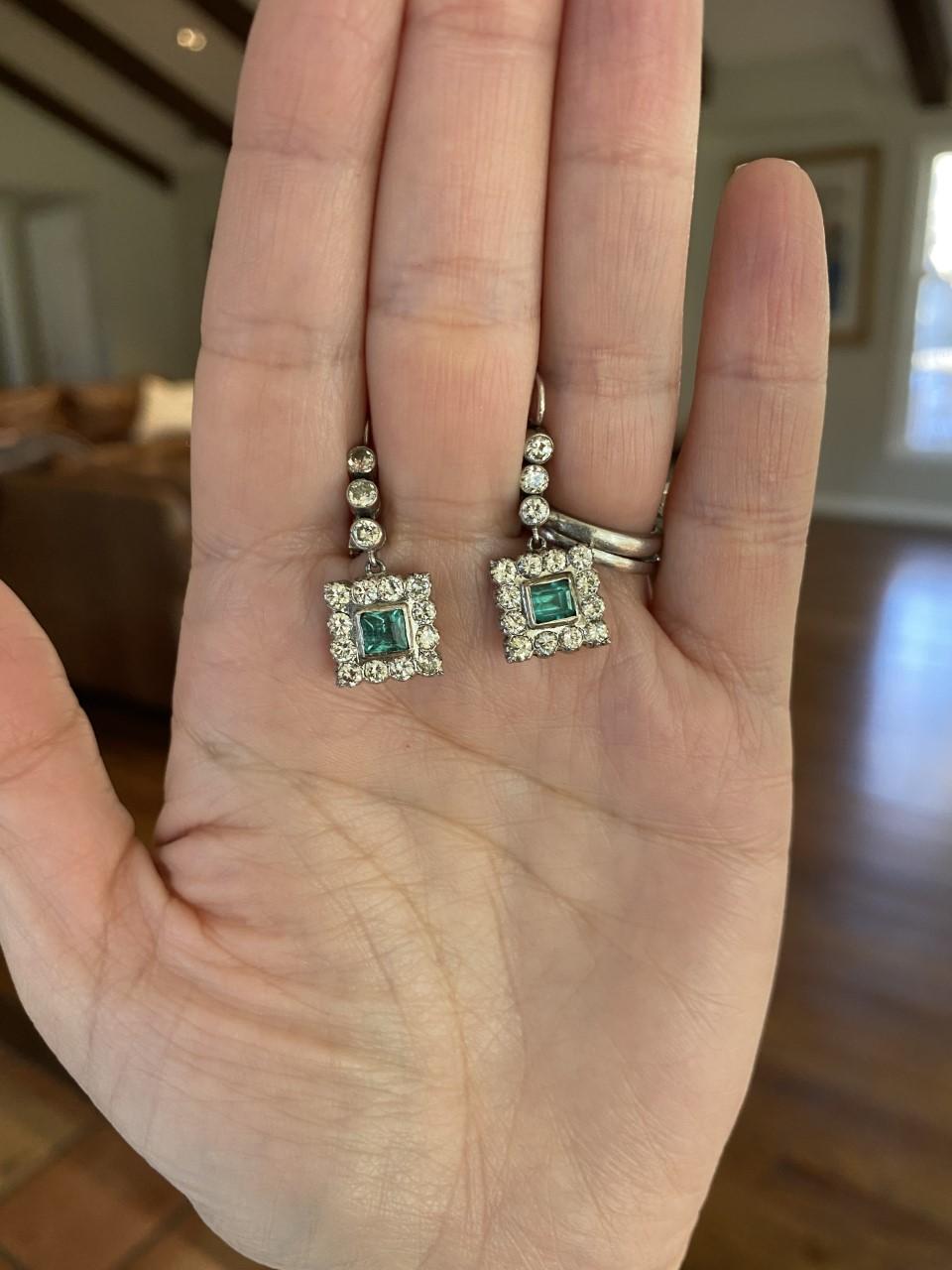 Emerald Cut Art Deco Natural Green Colombian Emerald and Diamond Halo Drop Down Earrings  For Sale