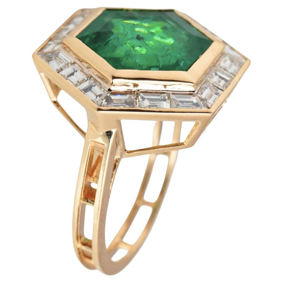 Art deco style  Natural high quality zambian Emerald & diamond ring 18k gold