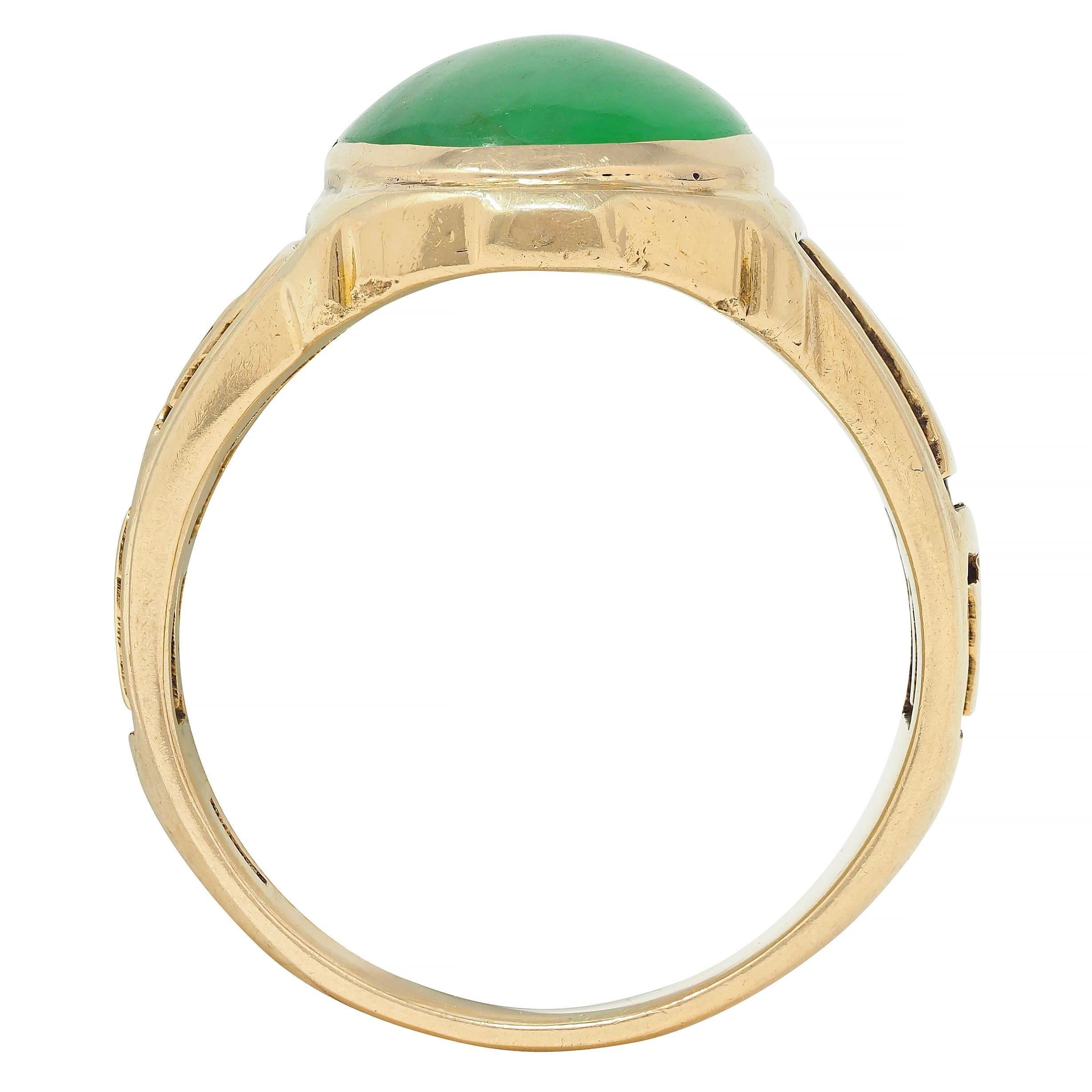 Art Deco Natural Jade 14 Karat Yellow Gold Greek Key Antique Signet Ring GIA 5