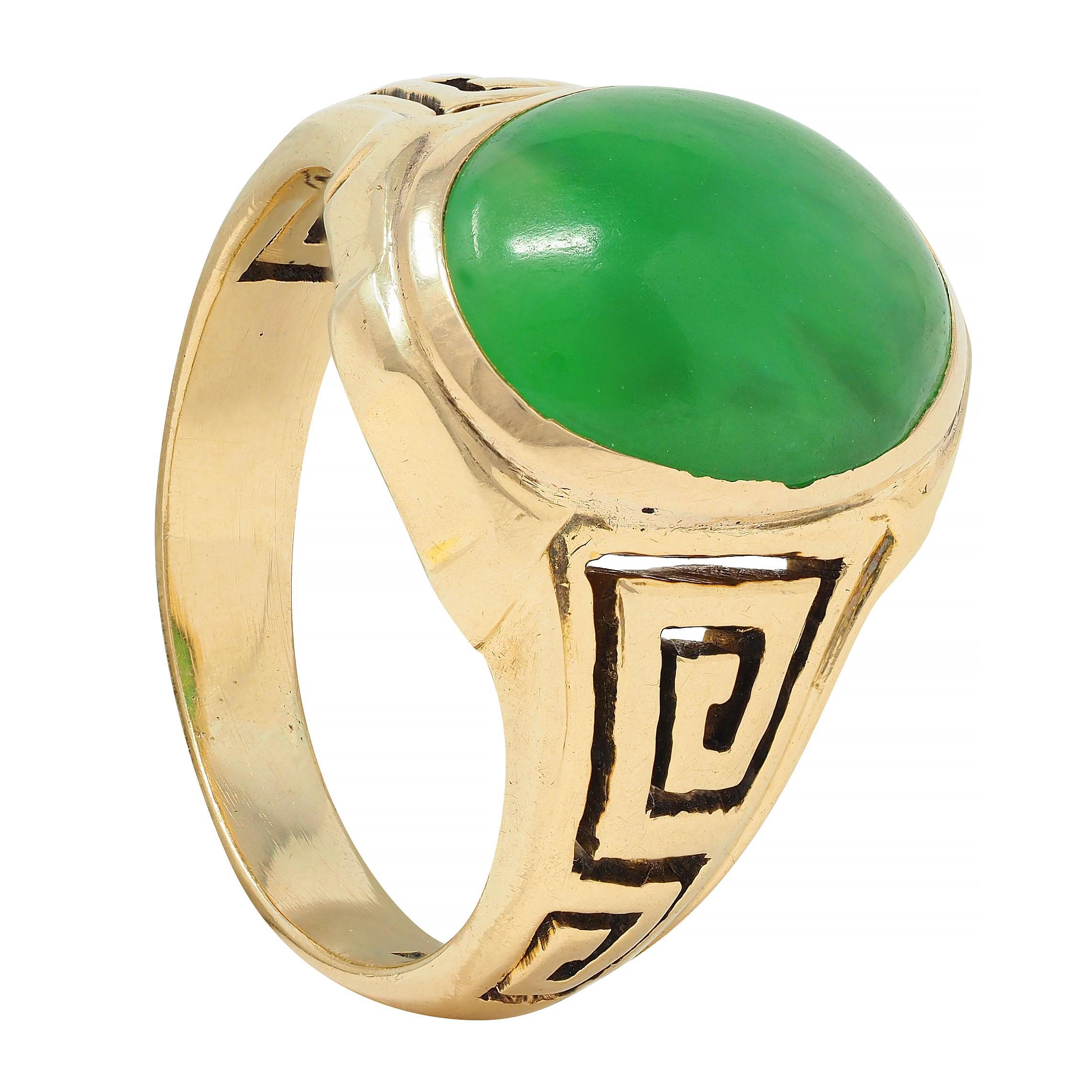 Art Deco Natural Jade 14 Karat Yellow Gold Greek Key Antique Signet Ring GIA 6