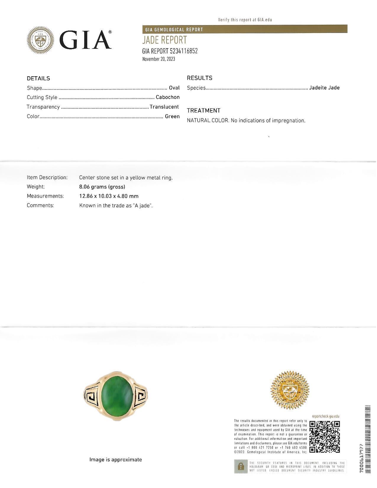 Art Deco Natural Jade 14 Karat Yellow Gold Greek Key Antique Signet Ring GIA 7