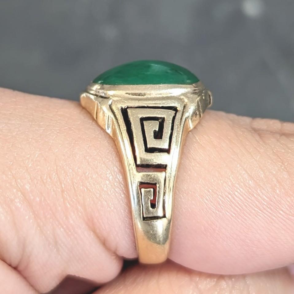 Art Deco Natural Jade 14 Karat Yellow Gold Greek Key Antique Signet Ring GIA 8
