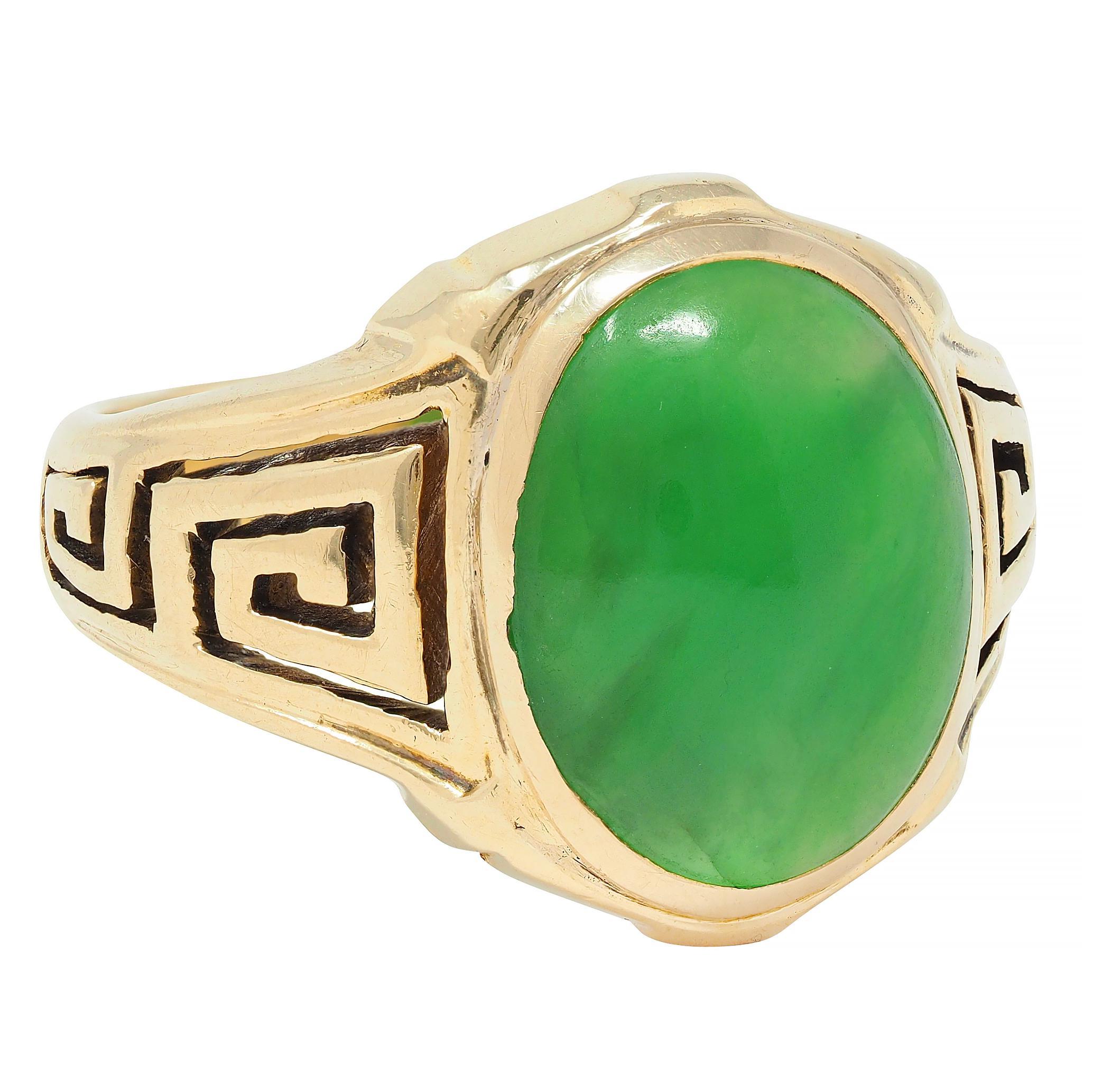 Cabochon Art Deco Natural Jade 14 Karat Yellow Gold Greek Key Antique Signet Ring GIA