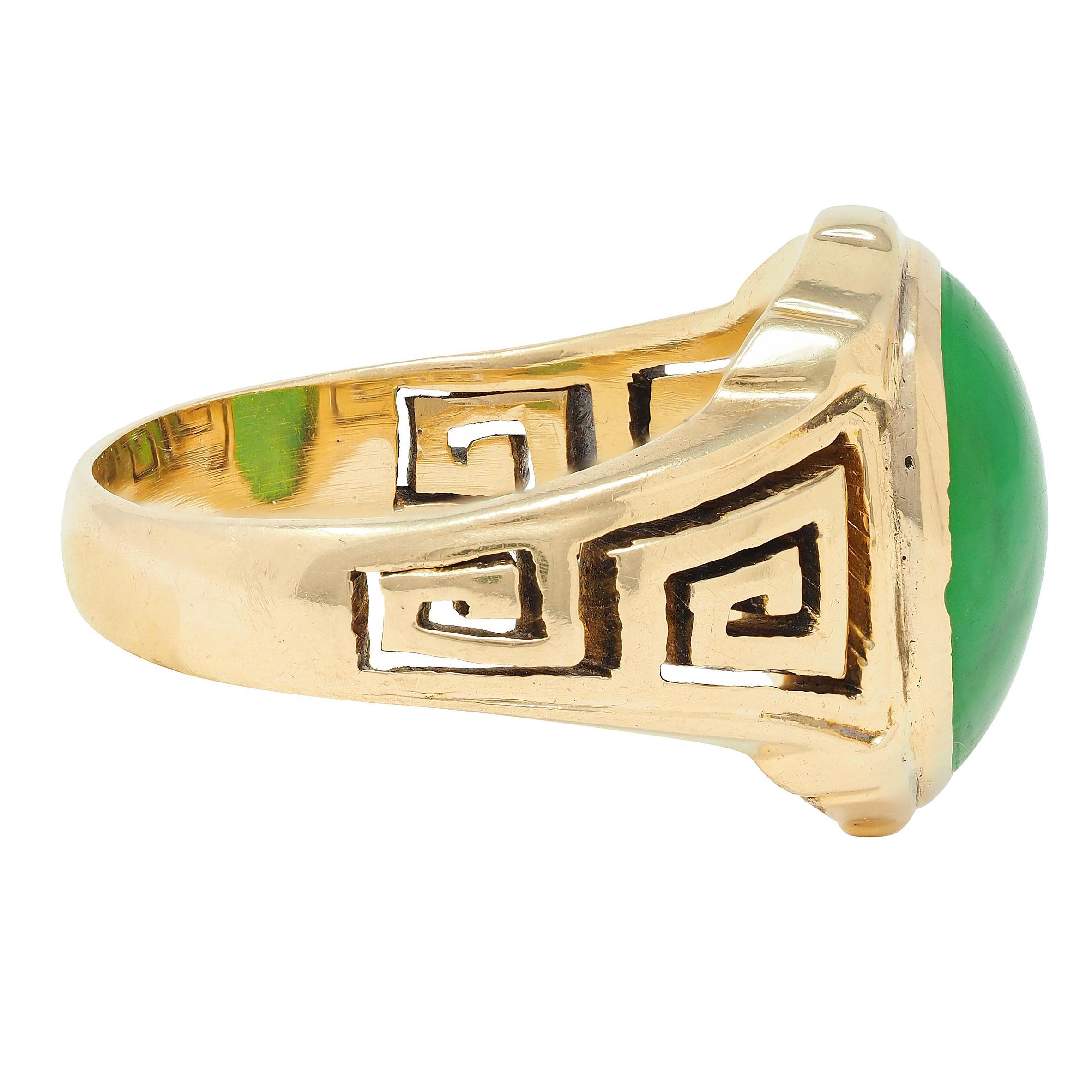 Art Deco Natural Jade 14 Karat Yellow Gold Greek Key Antique Signet Ring GIA In Excellent Condition In Philadelphia, PA