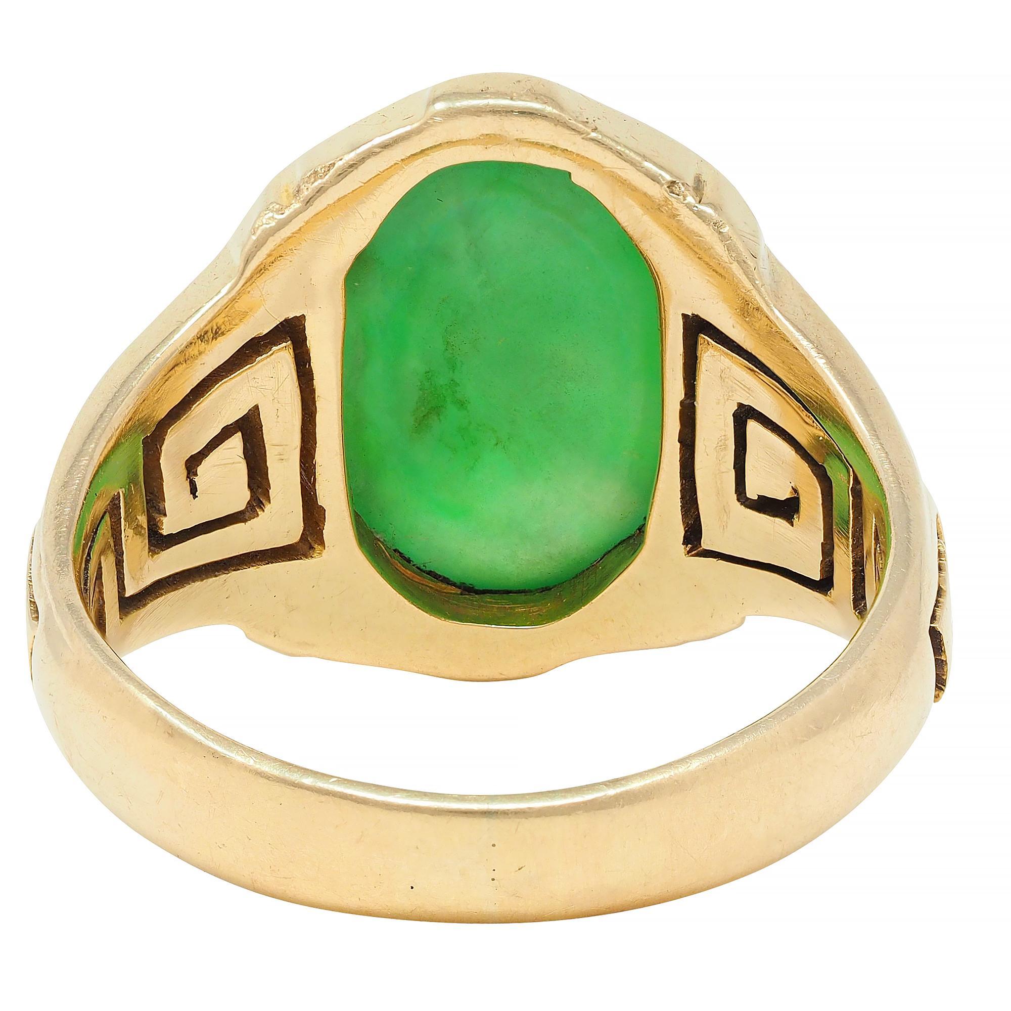 Women's or Men's Art Deco Natural Jade 14 Karat Yellow Gold Greek Key Antique Signet Ring GIA