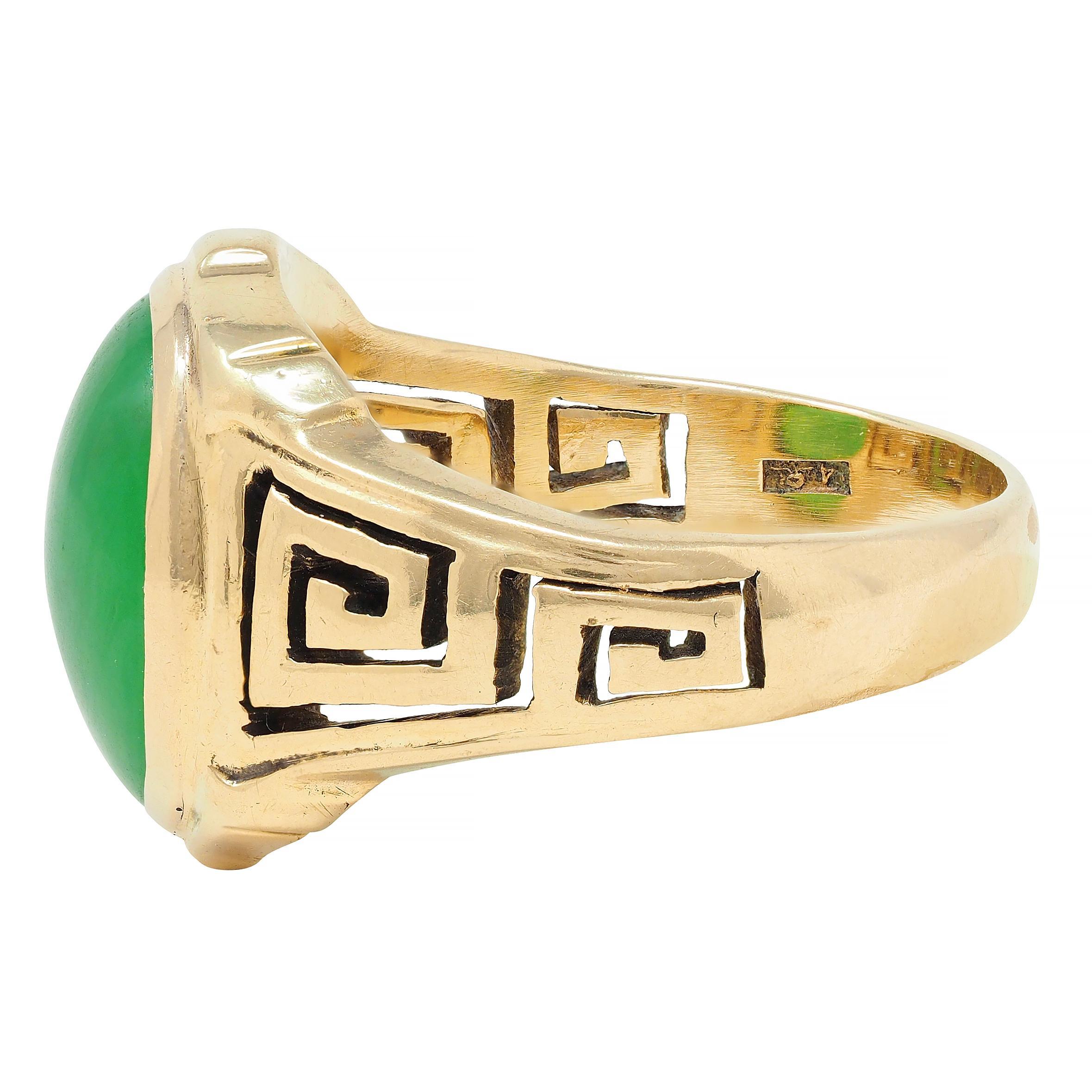 Art Deco Natural Jade 14 Karat Yellow Gold Greek Key Antique Signet Ring GIA 1