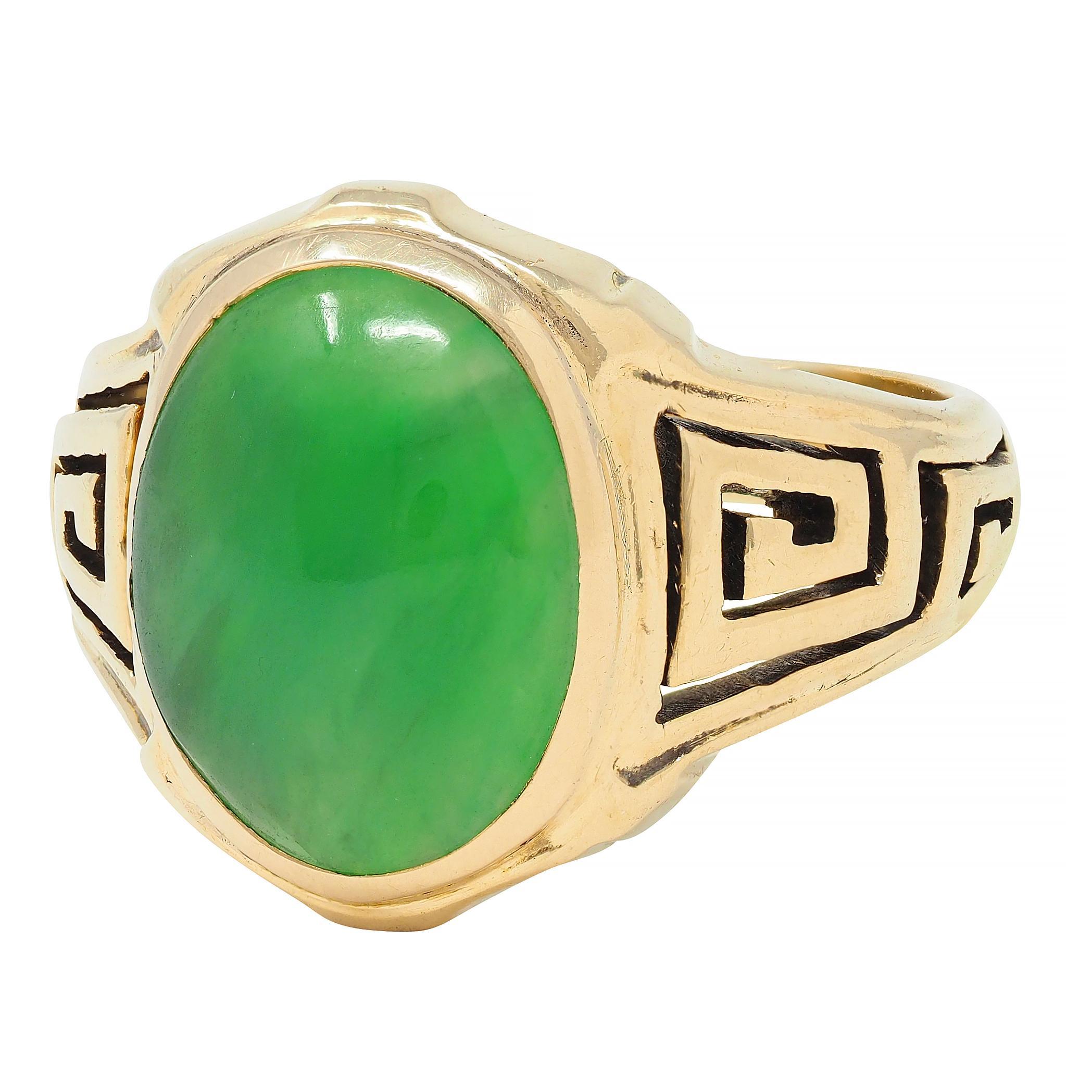 Art Deco Natural Jade 14 Karat Yellow Gold Greek Key Antique Signet Ring GIA 2