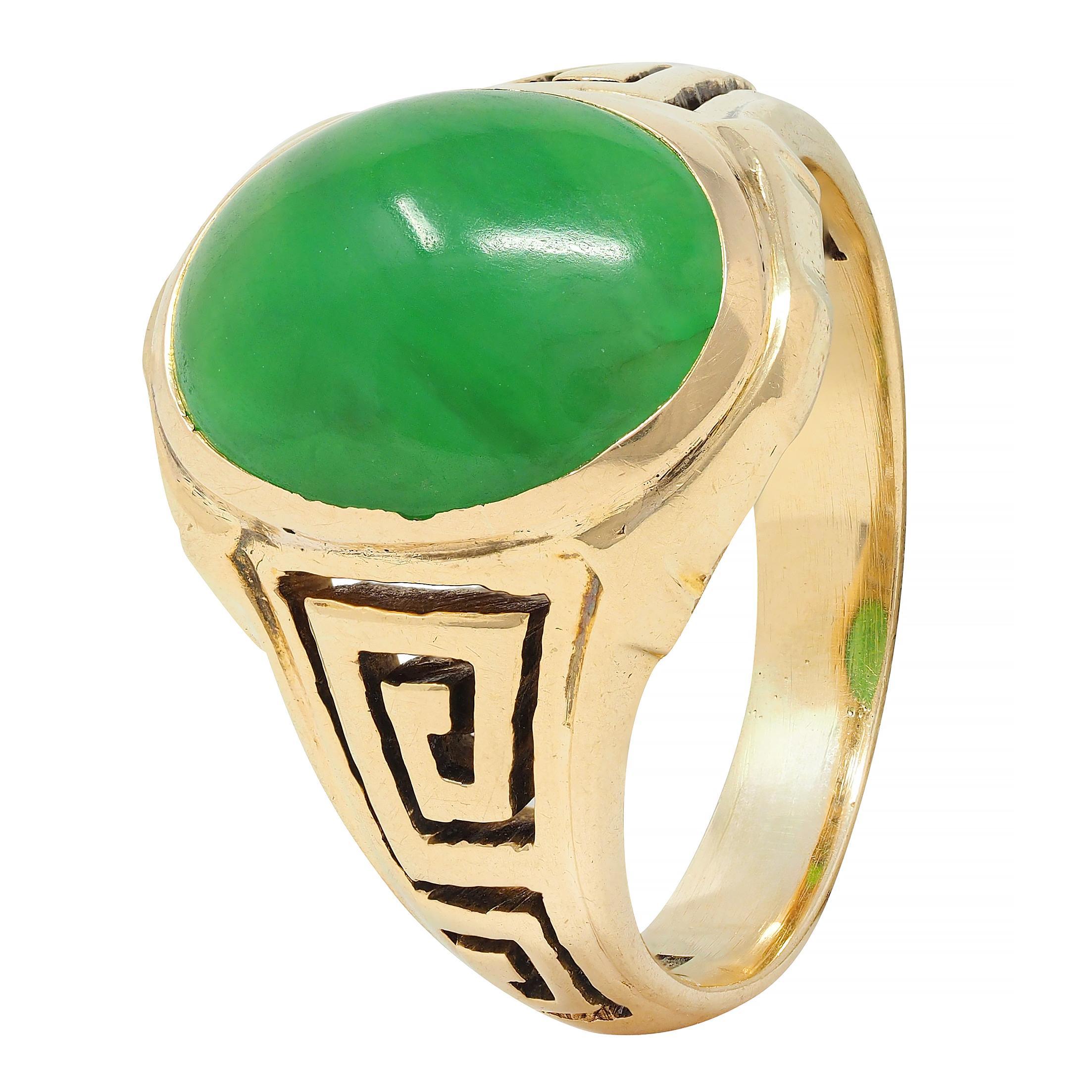 Art Deco Natural Jade 14 Karat Yellow Gold Greek Key Antique Signet Ring GIA 4