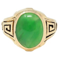 Art Deco Natural Jade 14 Karat Yellow Gold Greek Key Vintage Signet Ring GIA