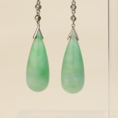 Art Deco Natural Jade Jadeite Diamond Platinum Drop Earrings