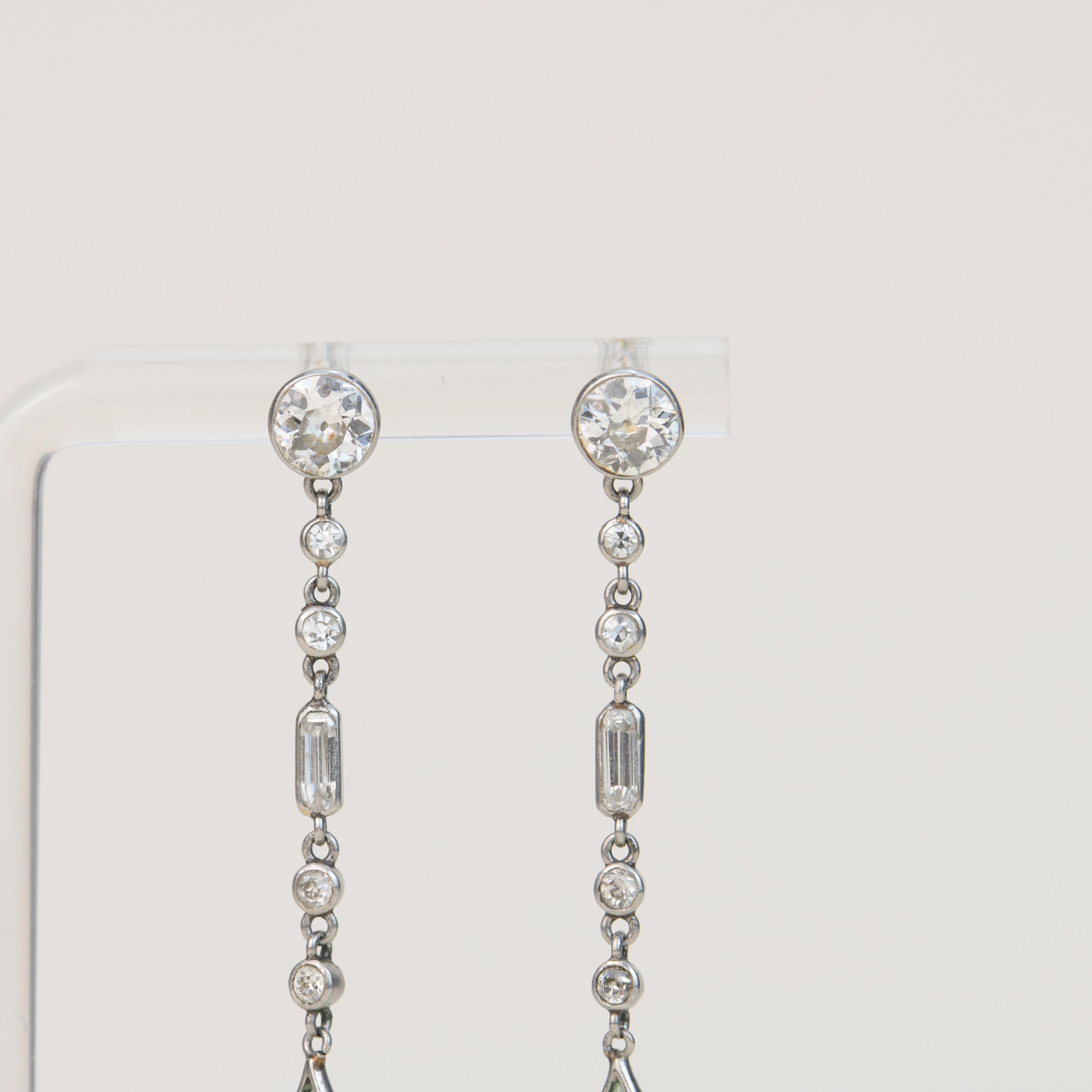 Art Deco Natural Jade Jadeite Diamond Platinum Drop Earrings For Sale 1