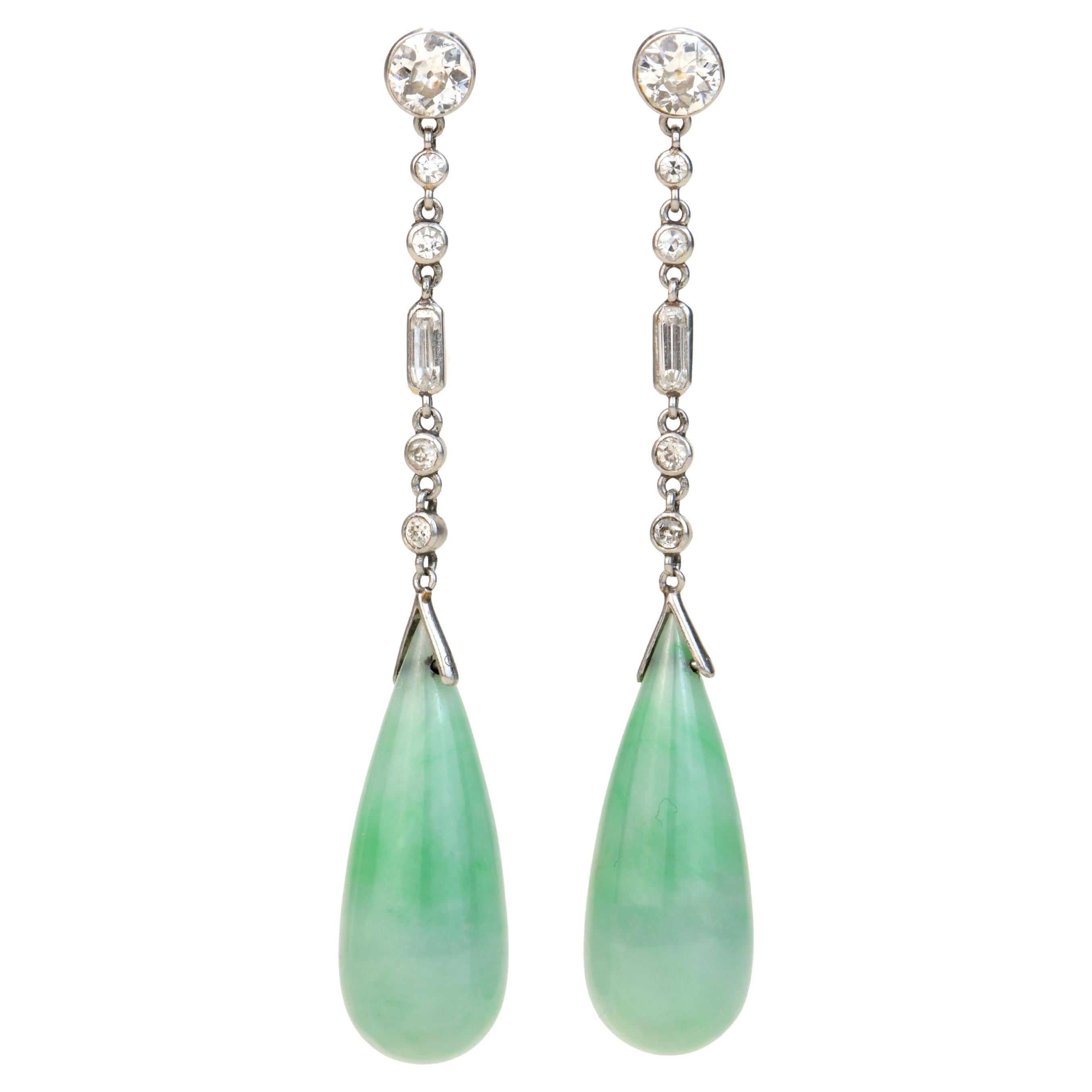 Art Deco Natural Jade Jadeite Diamond Platinum Drop Earrings For Sale