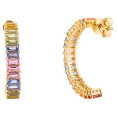 Orecchini a cerchio aperti con zaffiri multipli naturali Art Deco per lei in oro giallo 14k