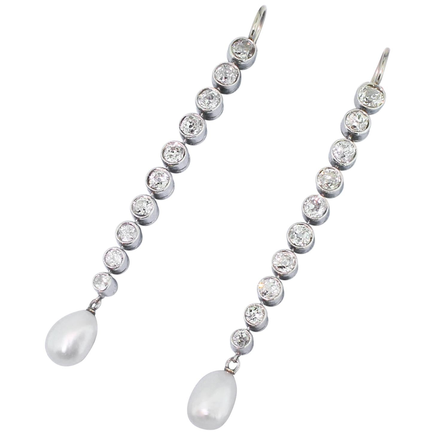 Art Deco Natural Pearl and 3.70 Carat Old Cut Diamond Drop Earrings For Sale