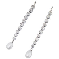 Art Deco Natural Pearl and 3.70 Carat Old Cut Diamond Drop Earrings