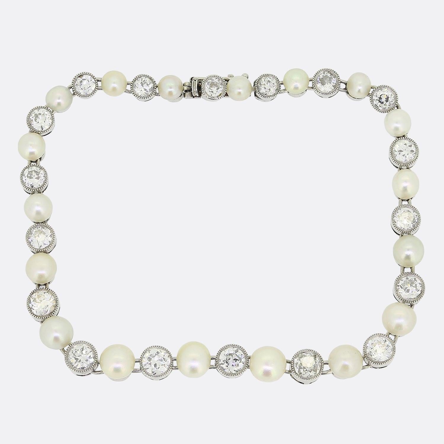 Round Cut Art Deco Natural Pearl and Diamond Bracelet For Sale
