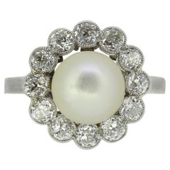 Bague grappe Art déco en perles naturelles et diamants
