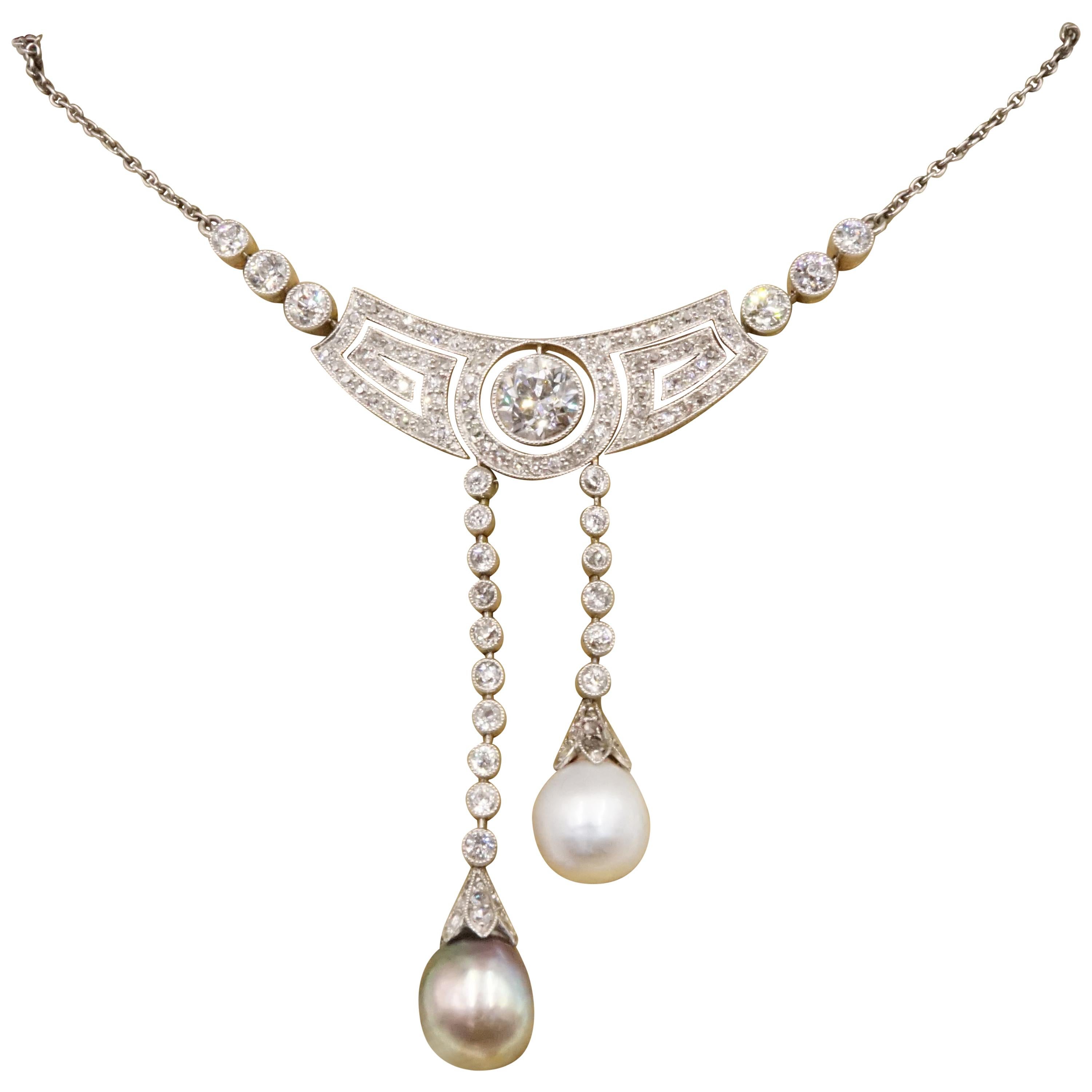 Art Deco Natural Pearl and Diamond Necklace with Cert and Original Box ...