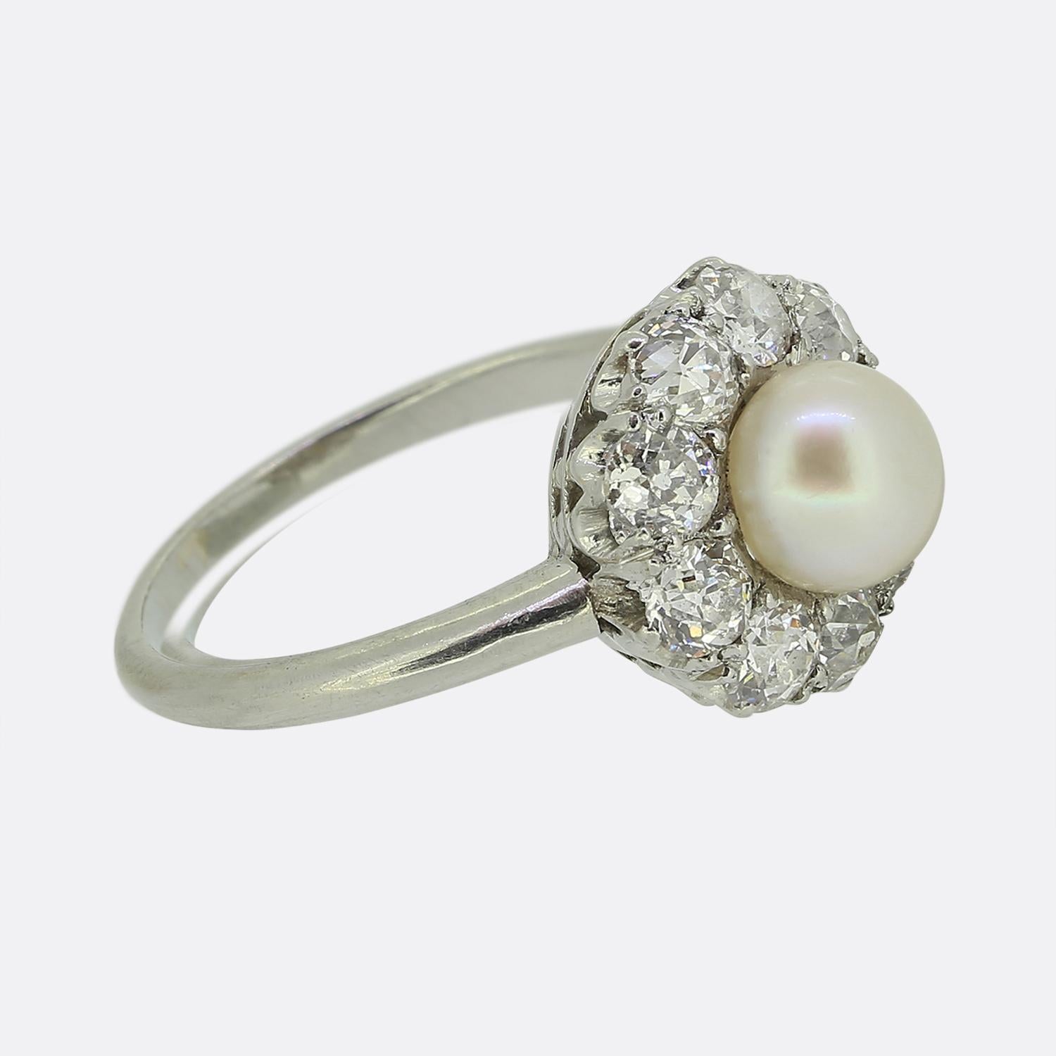 Uncut Art Deco Natural Pearl and Old Cut Diamond Cluster Ring For Sale