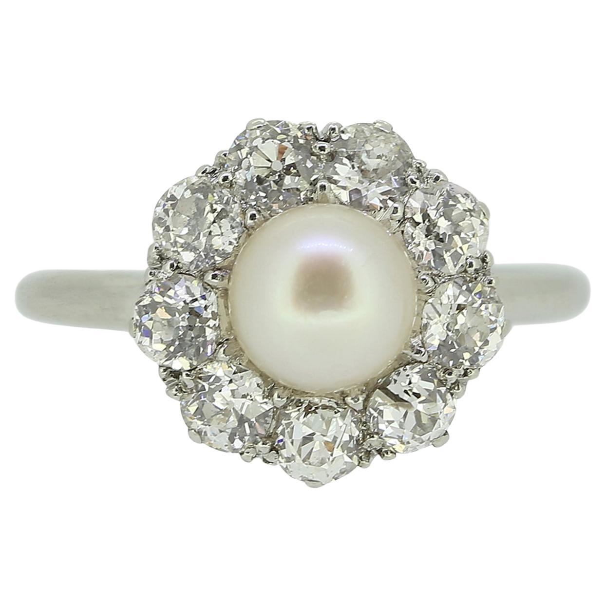 Art Deco Natural Pearl and Old Cut Diamond Cluster Ring For Sale