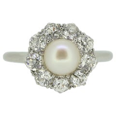 Antique Art Deco Natural Pearl and Old Cut Diamond Cluster Ring