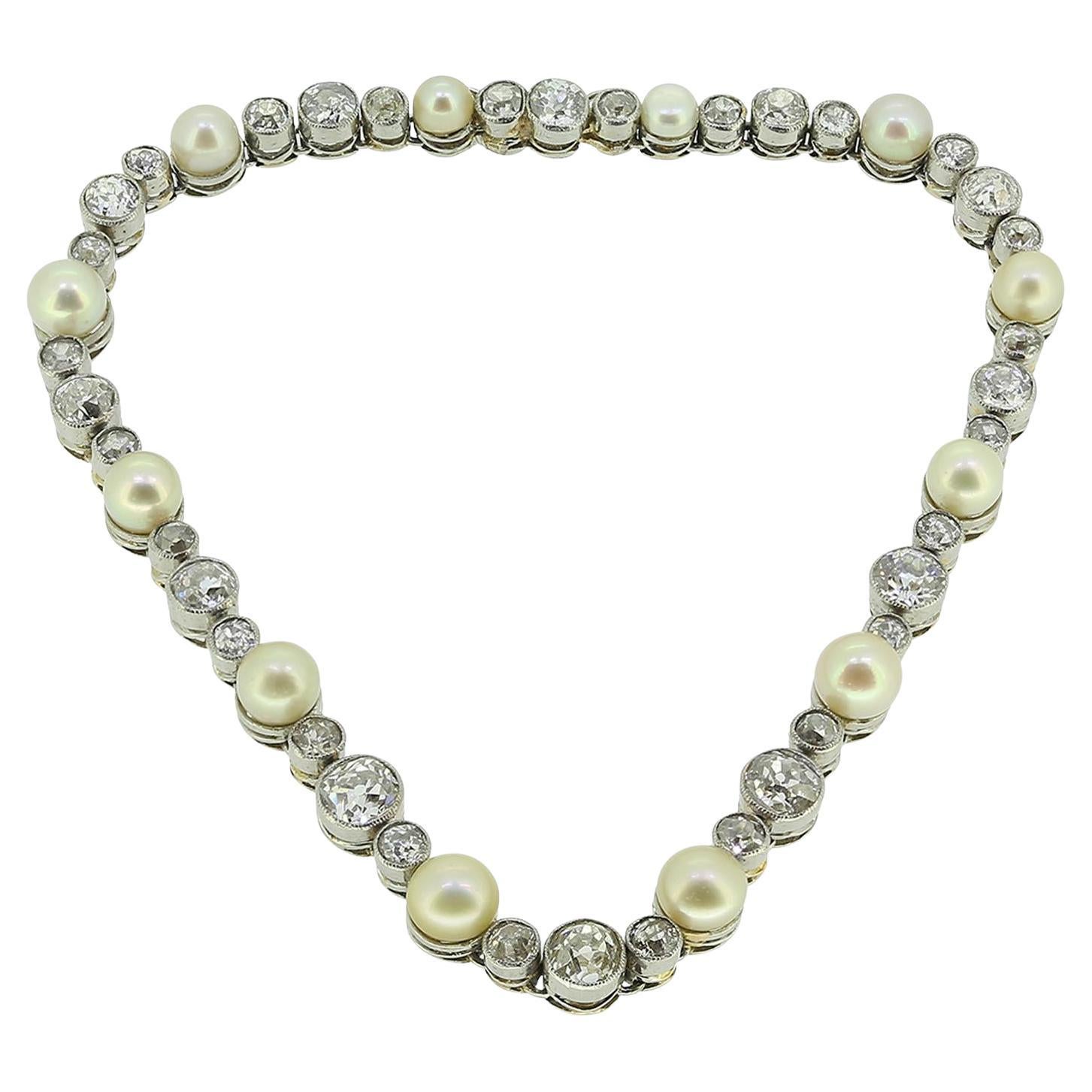 Art Deco Natural Pearl and Old Cut Diamond Line Bracelet For Sale