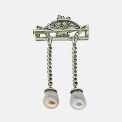Art  Deco Natural Pearl Diamond and Enamel Drop Brooch