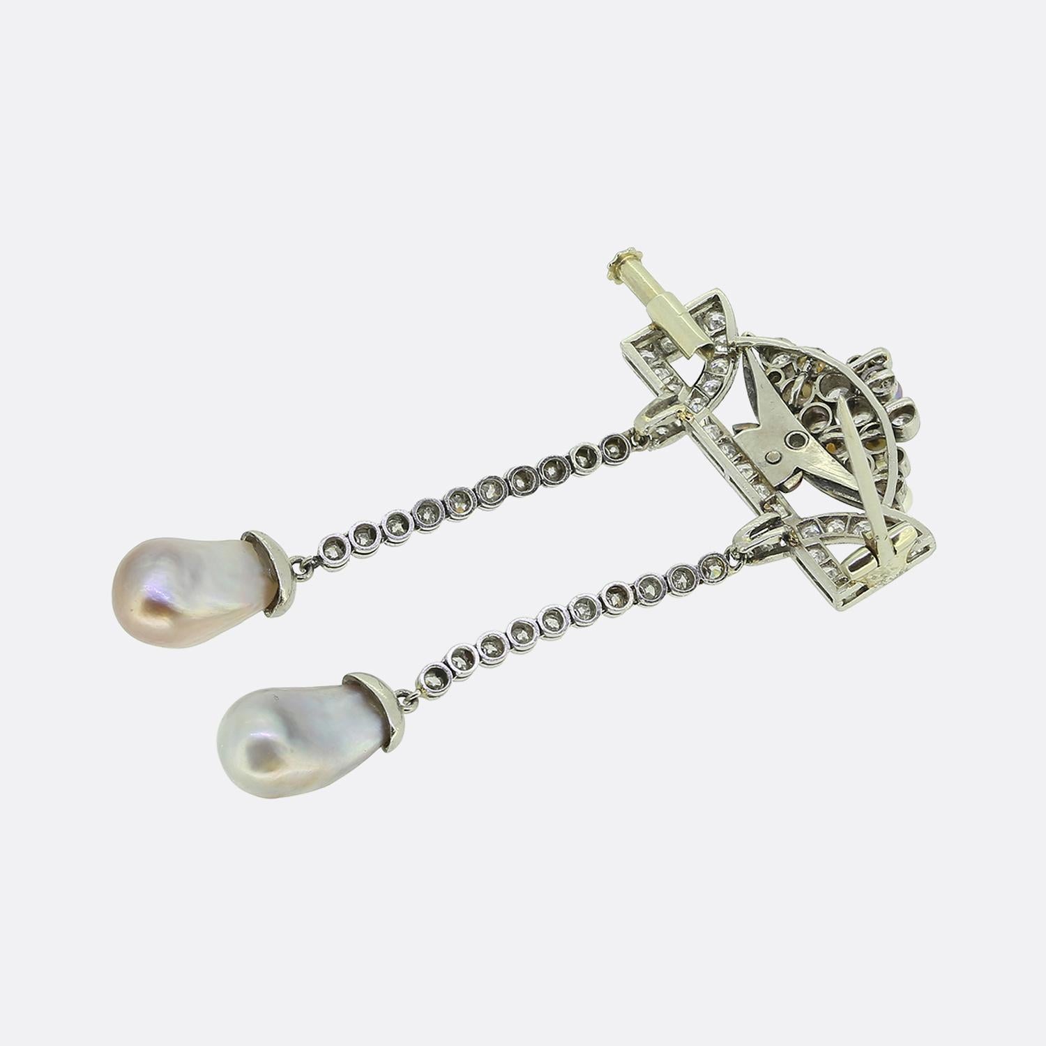 Art Deco Art  Deco Natural Pearl Diamond and Enamel Drop Brooch For Sale