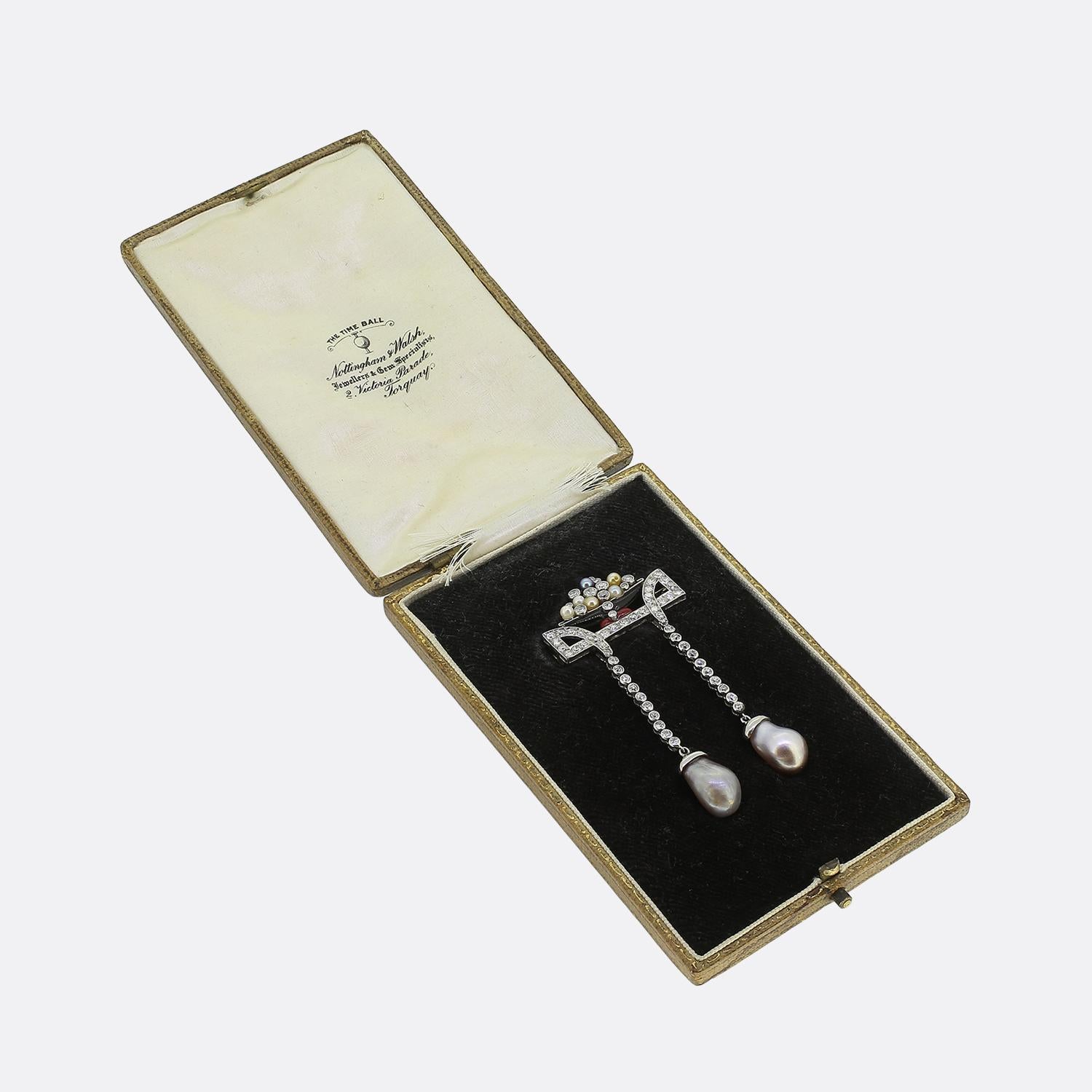 Old Mine Cut Art  Deco Natural Pearl Diamond and Enamel Drop Brooch For Sale