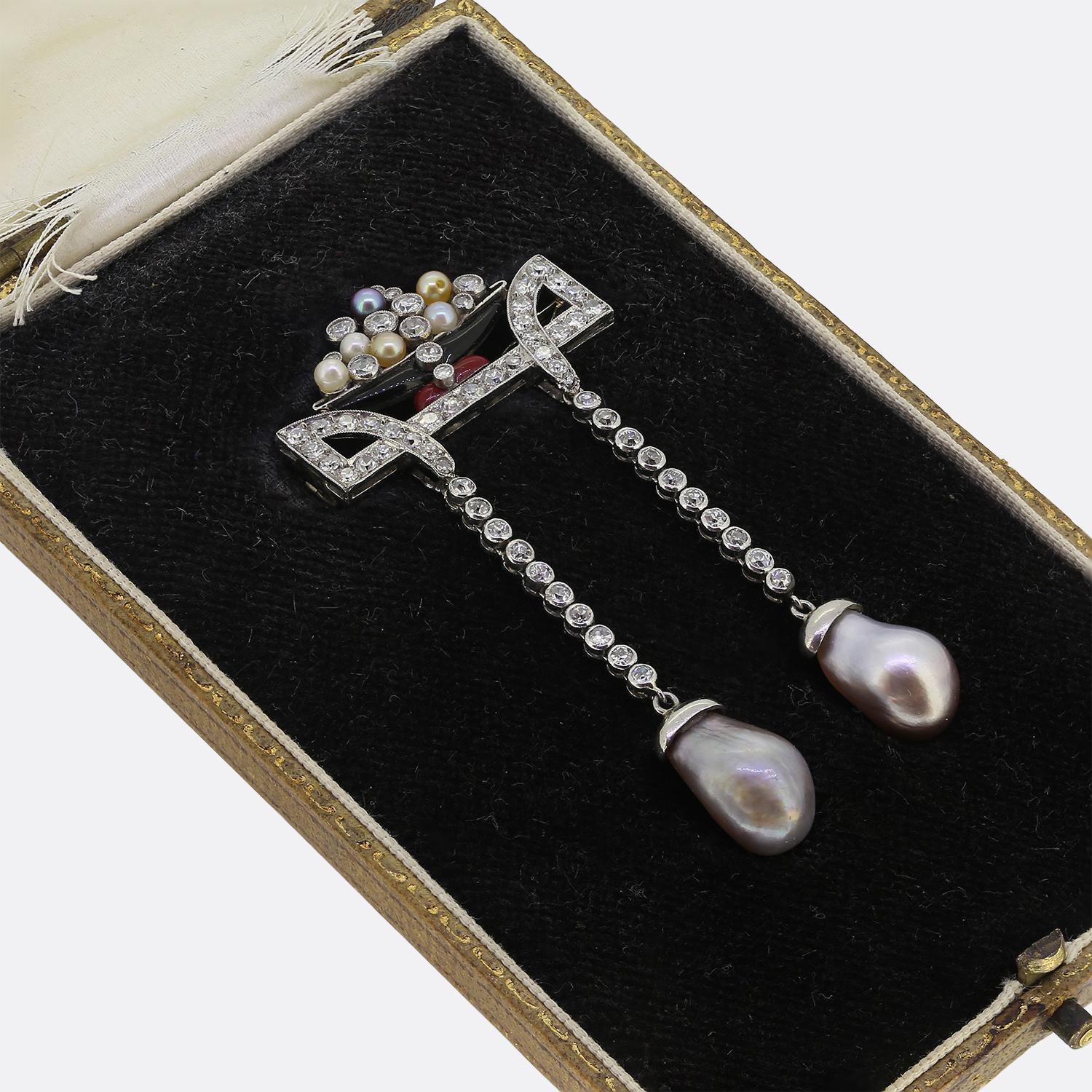 Art  Deco Natural Pearl Diamond and Enamel Drop Brooch In Good Condition For Sale In London, GB