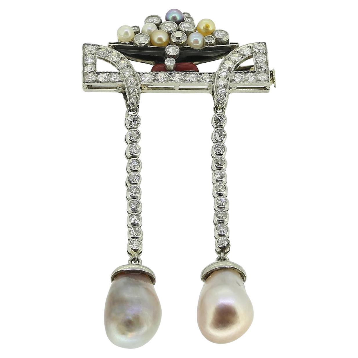 Art  Deco Natural Pearl Diamond and Enamel Drop Brooch
