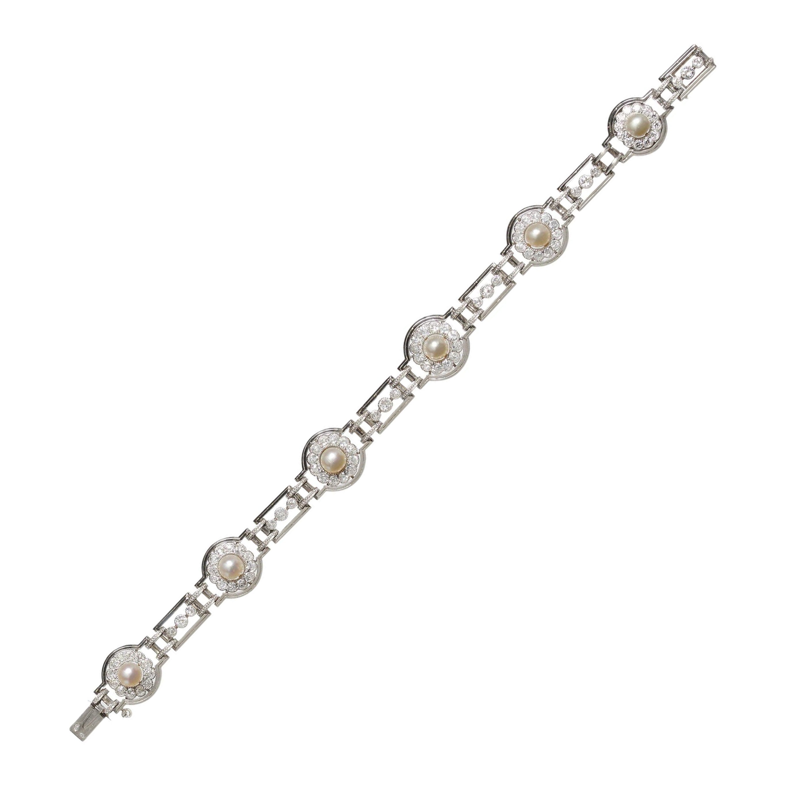 Bracciale Art Deco con perle naturali, diamanti e platino, circa 1930