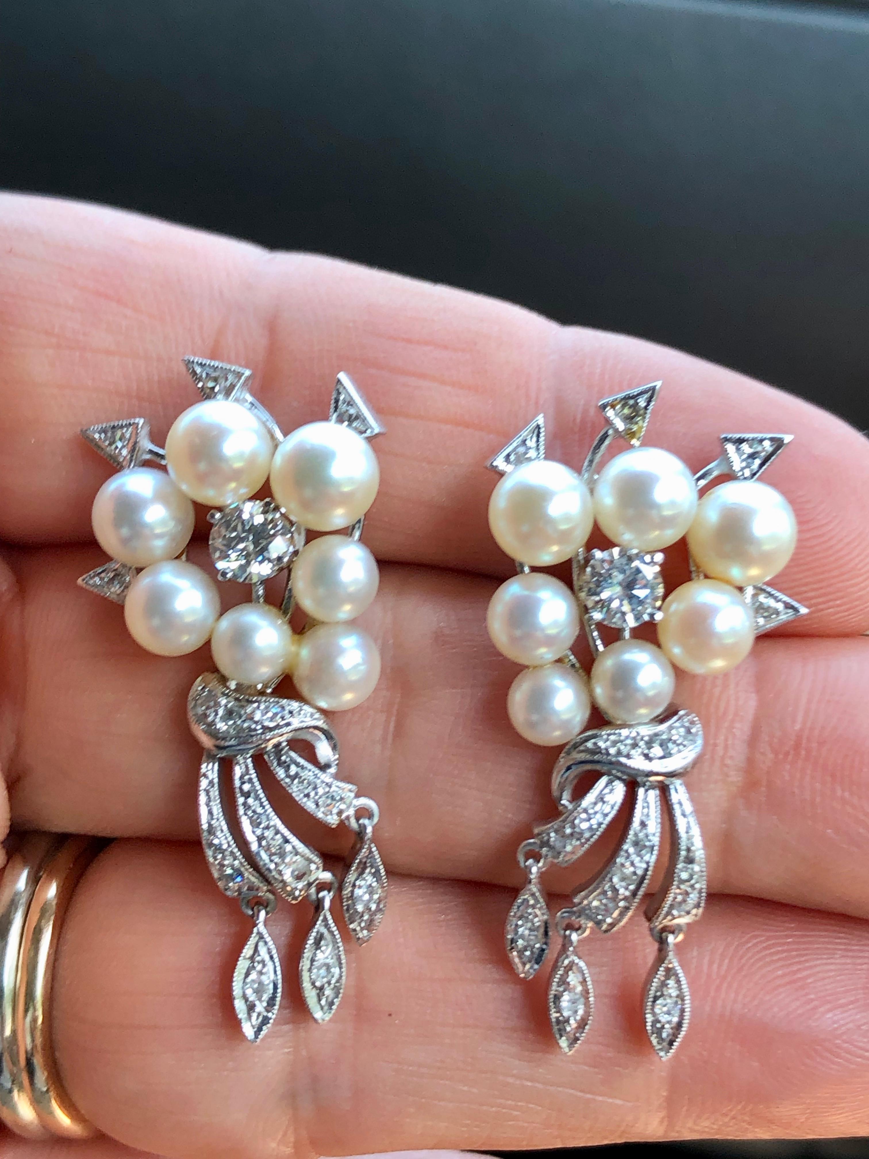 Round Cut Antique Art Deco Natural Pearl Diamond Drop Earrings