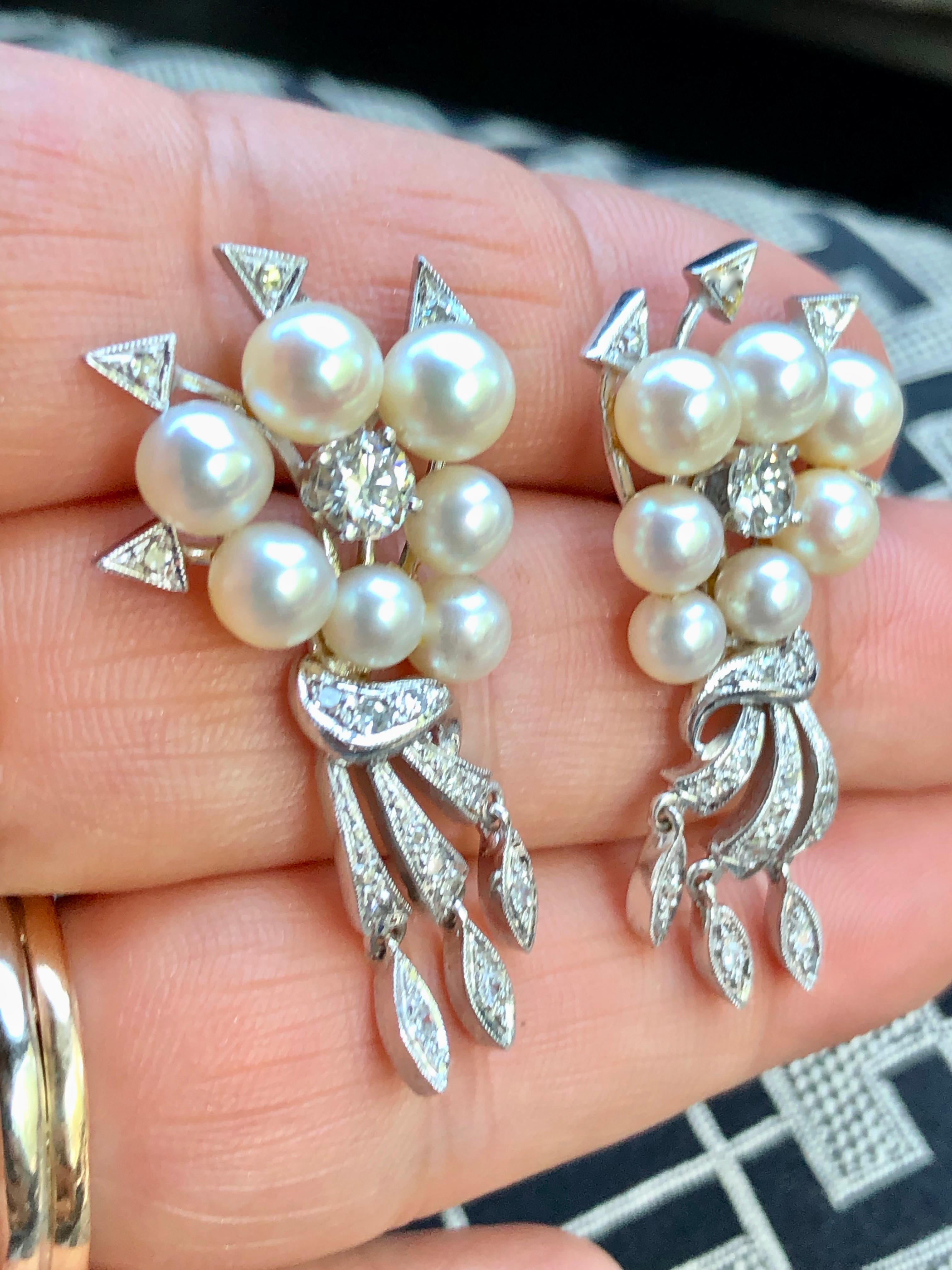 Antique Art Deco Natural Pearl Diamond Drop Earrings 2