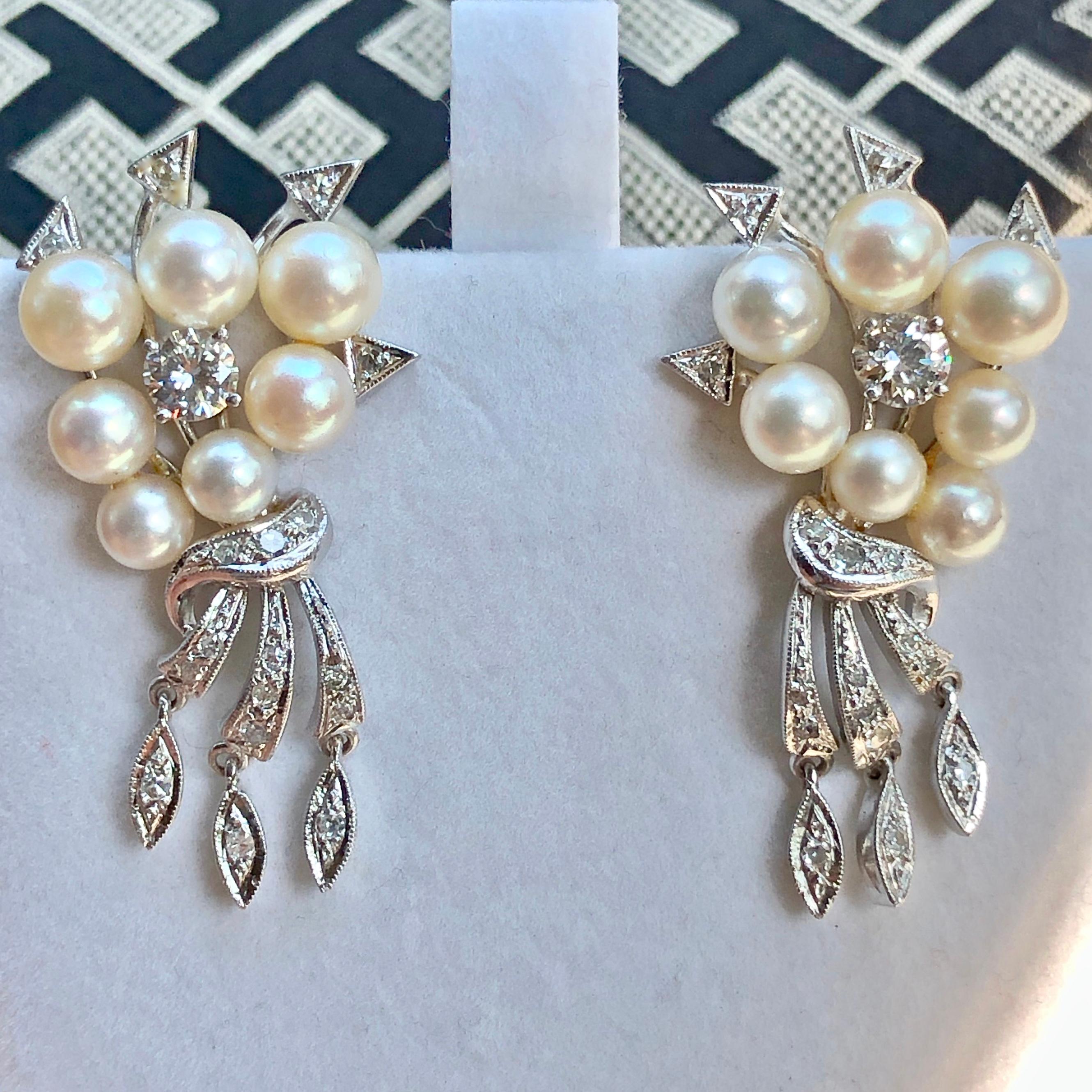 Antique Art Deco Natural Pearl Diamond Drop Earrings 3