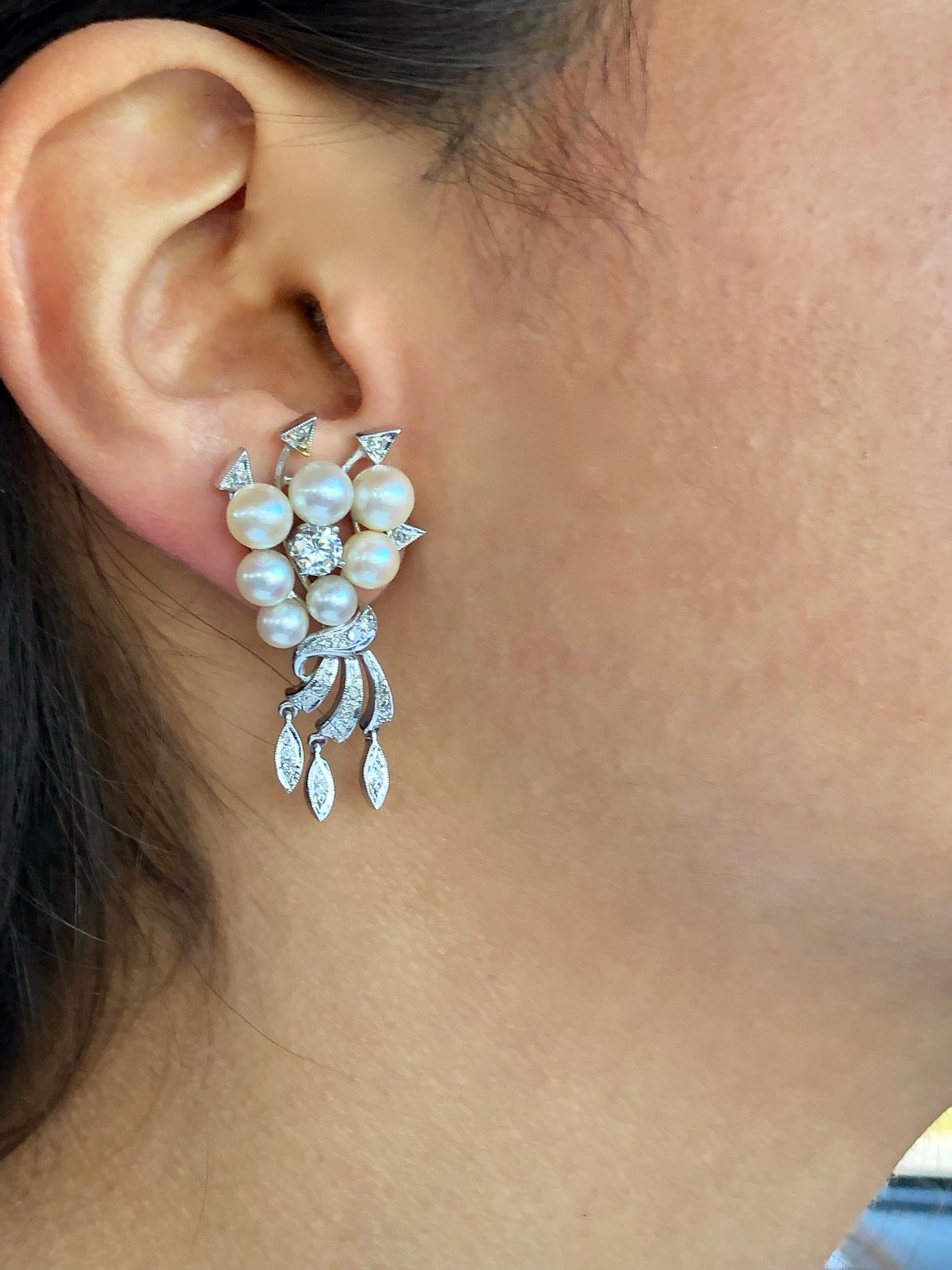 Antique Art Deco Natural Pearl Diamond Drop Earrings 4