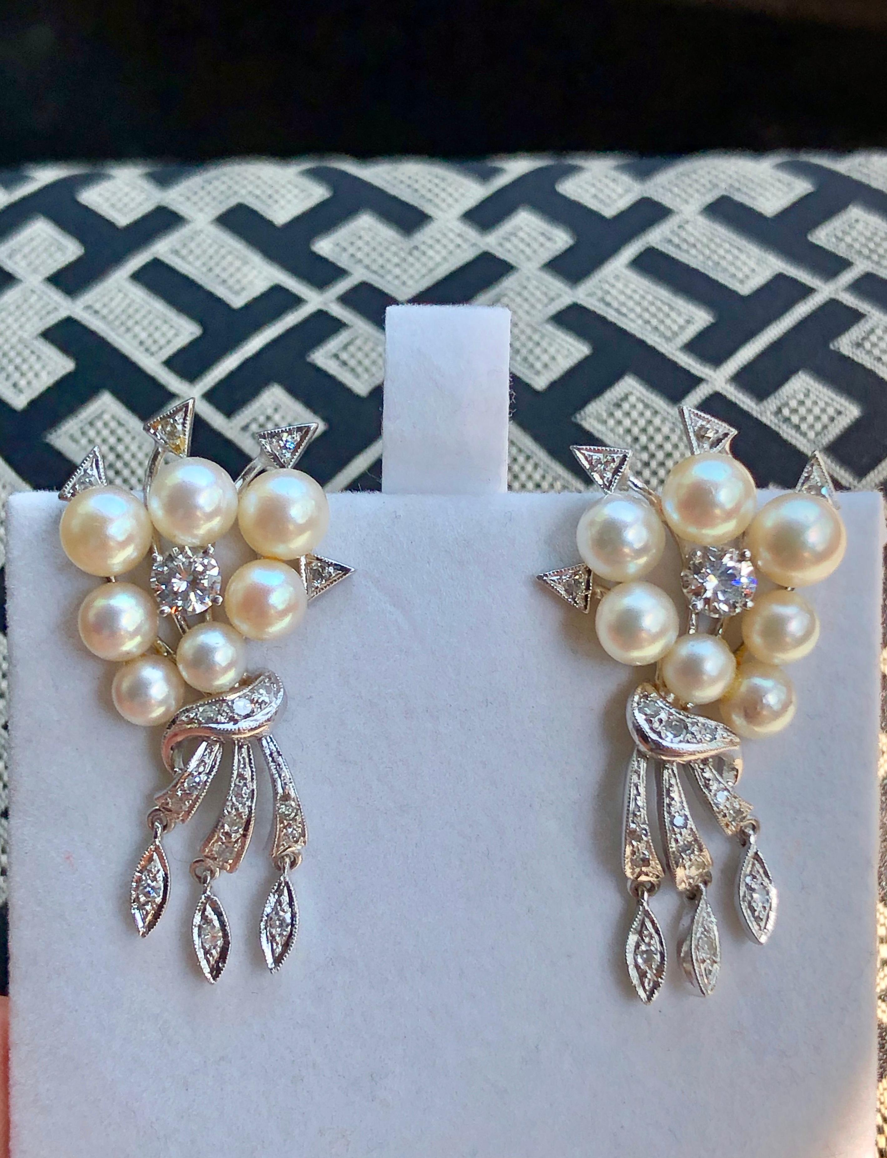 Antique Art Deco Natural Pearl Diamond Drop Earrings 1