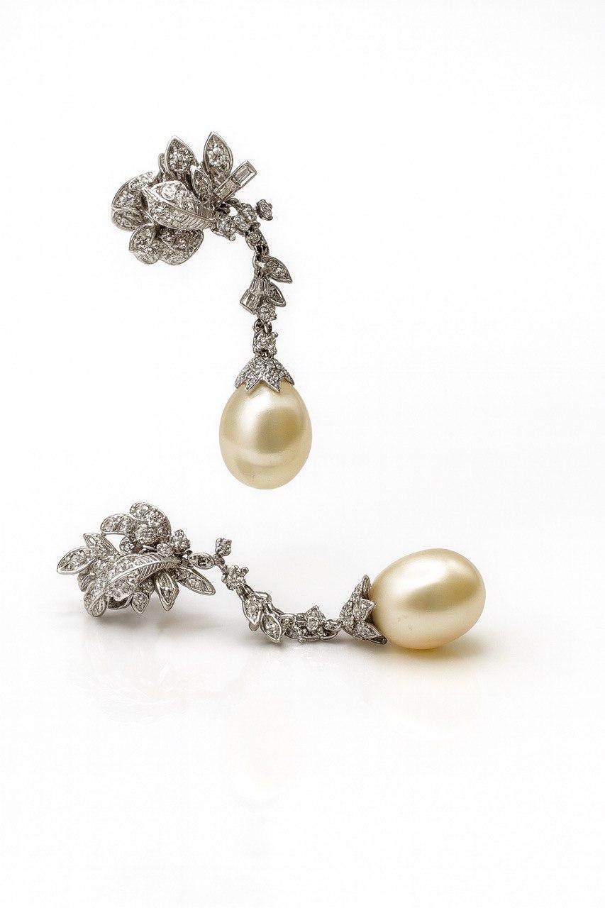 Pendientes Art Decó Perla Natural Diamante Corte brillante en venta