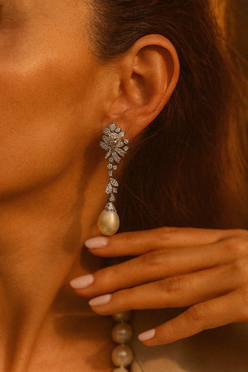 Pendientes Art Decó Perla Natural Diamante en Excelente estado para la venta en Firenze, FI