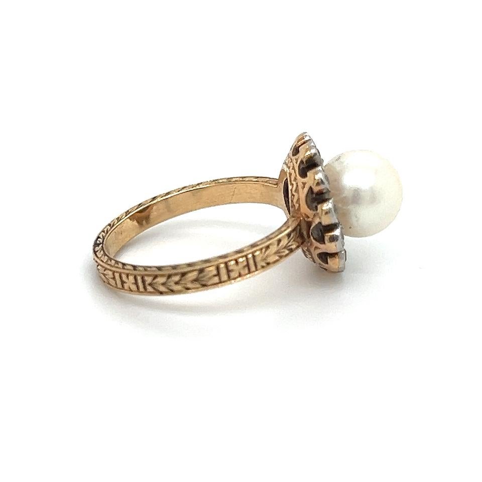 Old Mine Cut Art Deco Natural Pearl & Diamond Floral Ring Filigree Detail For Sale