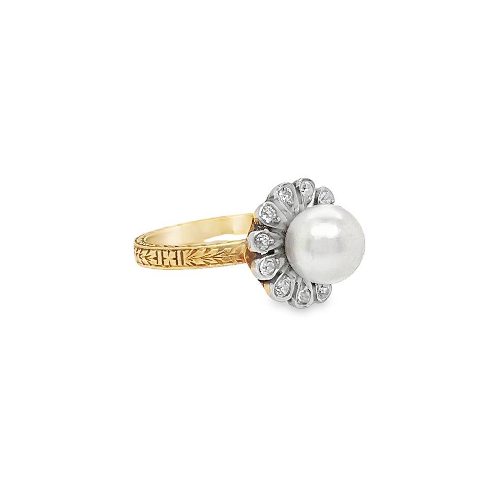 Women's or Men's Art Deco Natural Pearl & Diamond Floral Ring Filigree Detail For Sale