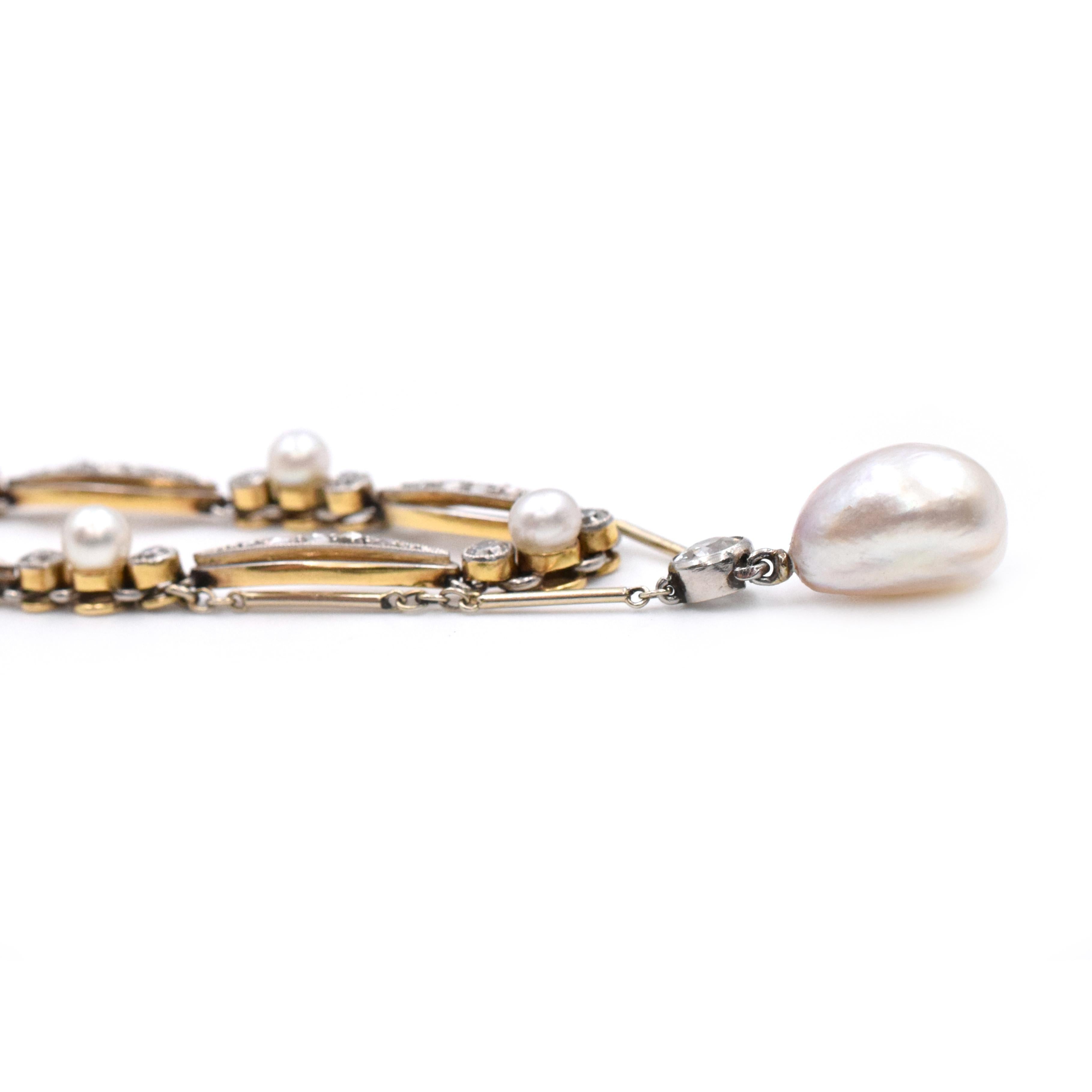 Women's Art Deco Natural Pearl Diamond Necklace