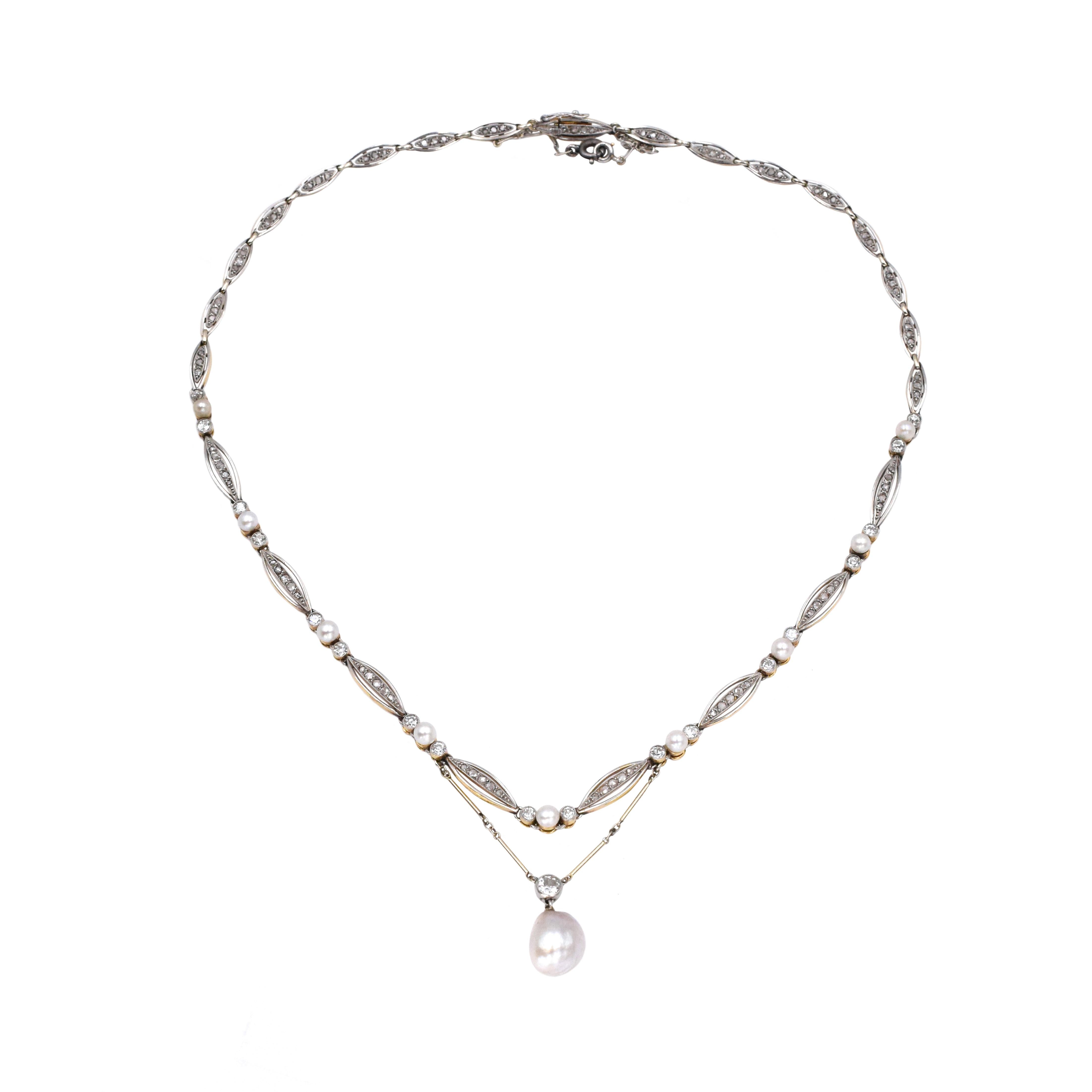 Art Deco Natural Pearl Diamond Necklace 3
